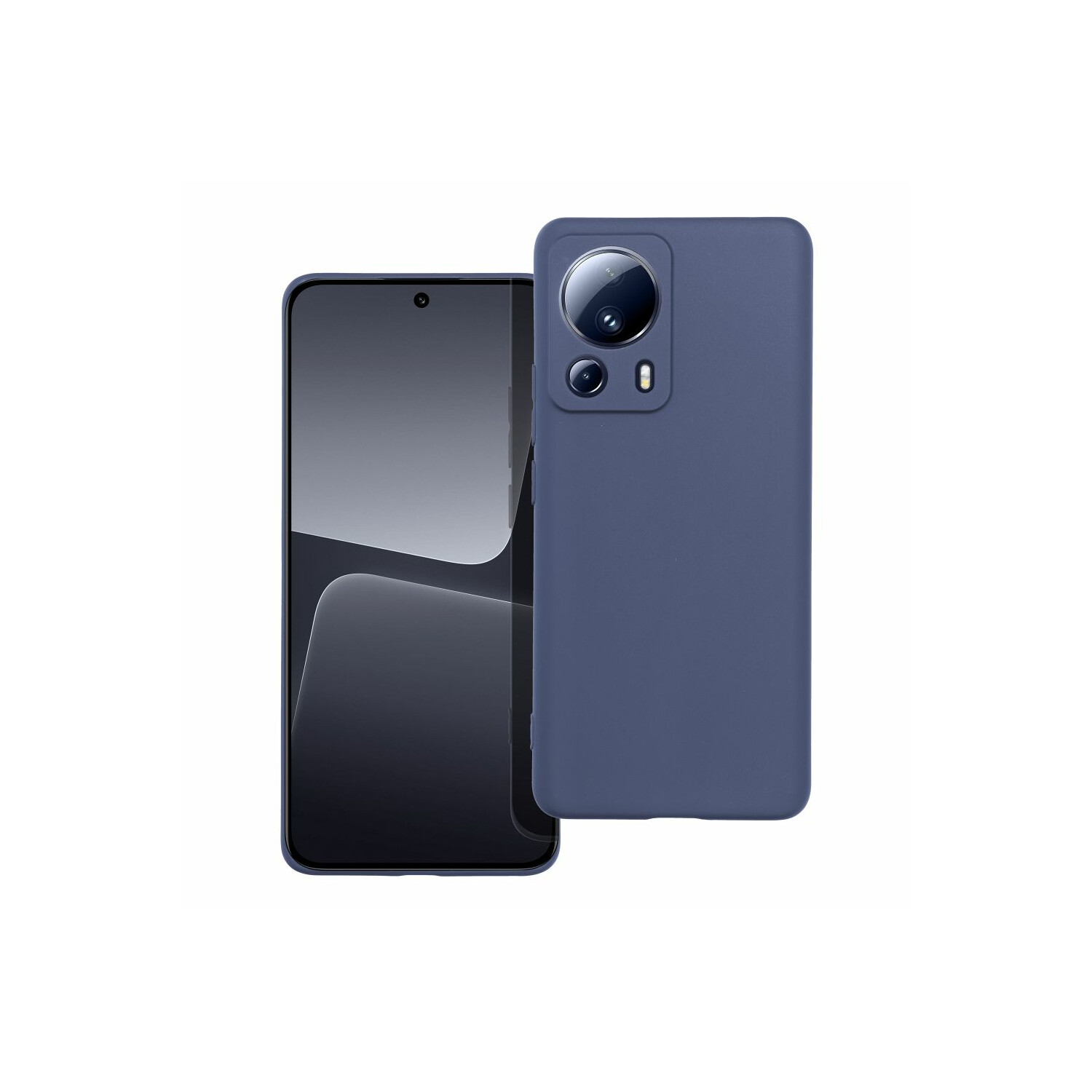 Una custodia blu per telefono accanto a uno smartphone con schermo, su sfondo bianco.