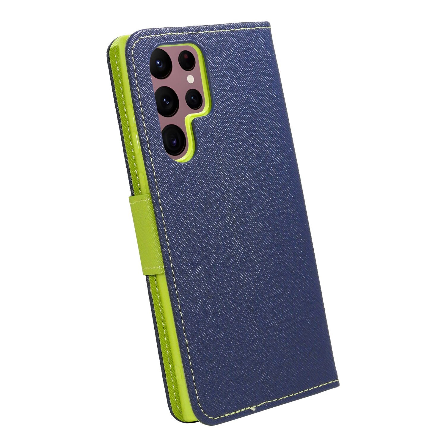 Una custodia blu per telefono con un accento verde. La custodia è aperta.