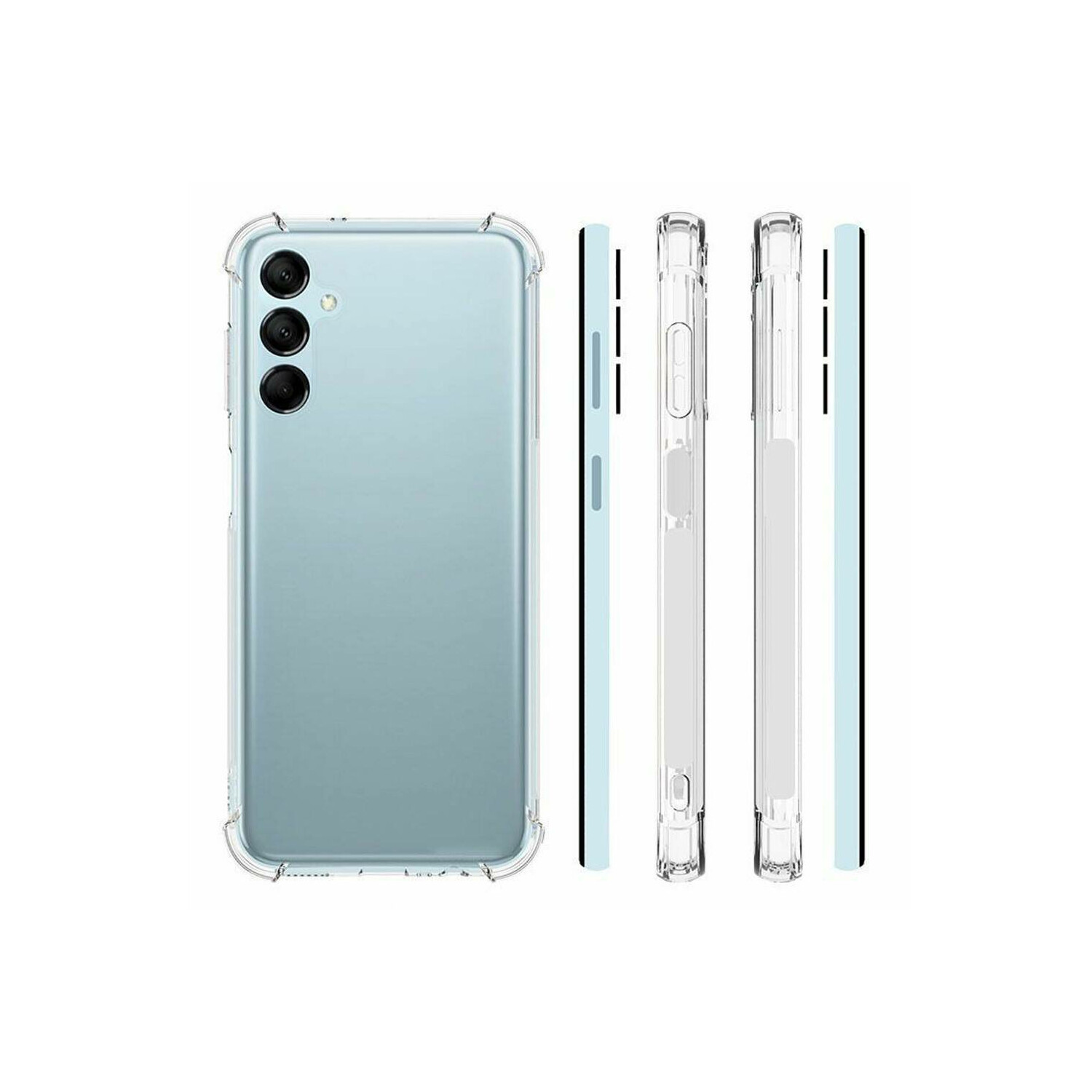 Custodia trasparente per telefono con telefono azzurro, con tre viste laterali.