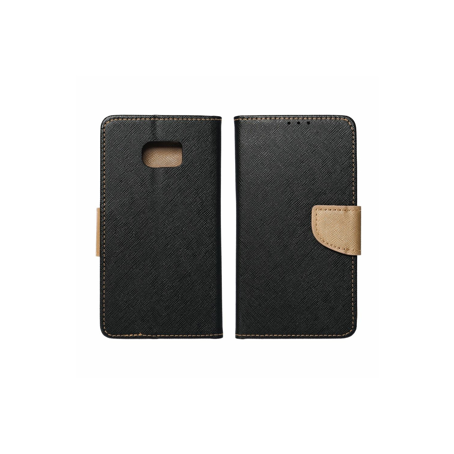 Custodia per telefono nera e beige, aperta per mostrare lo schermo del telefono, con superficie strutturata.