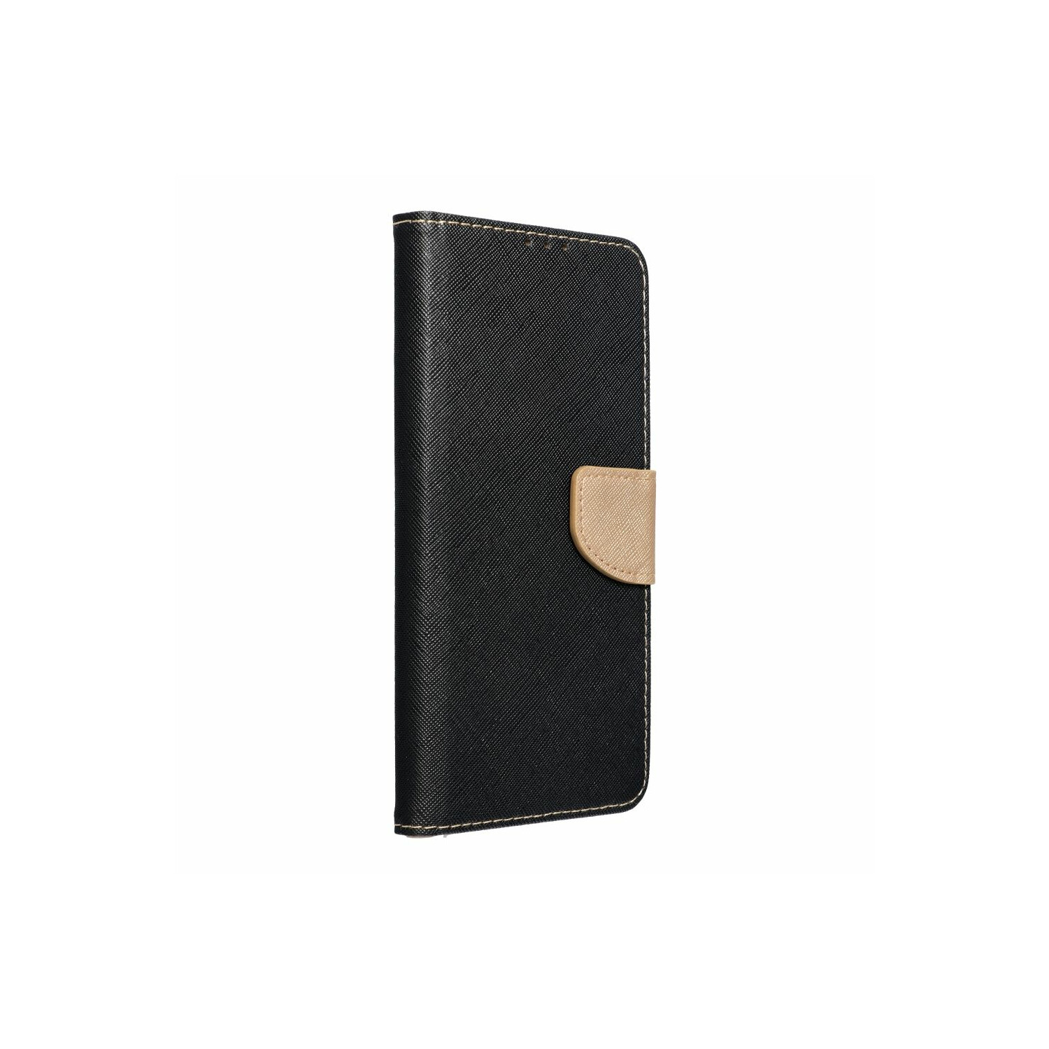Custodia nera per telefono con chiusura beige, isolata su sfondo bianco.