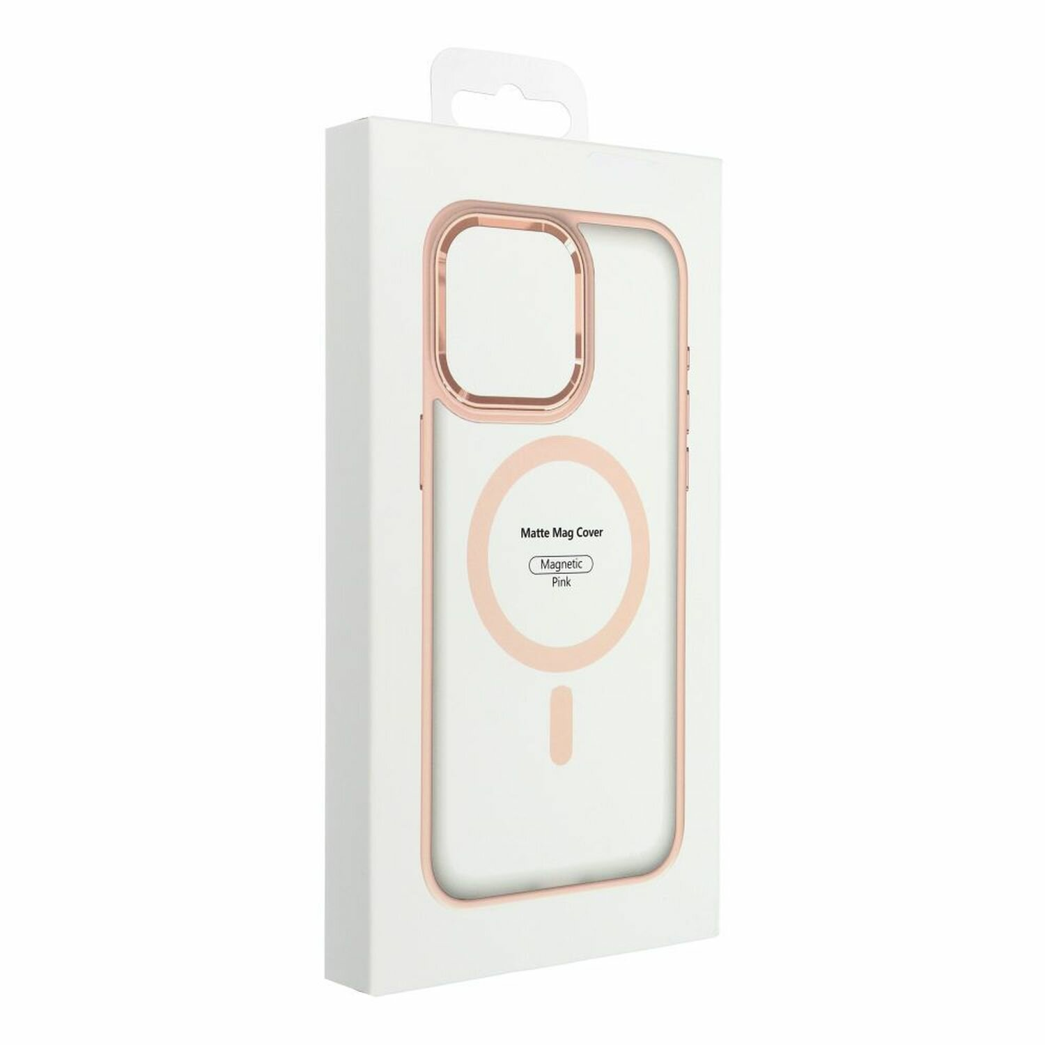 Scatola bianca contenente una custodia magnetica rosa per telefono. La custodia è visibile con un cerchio magnetico.