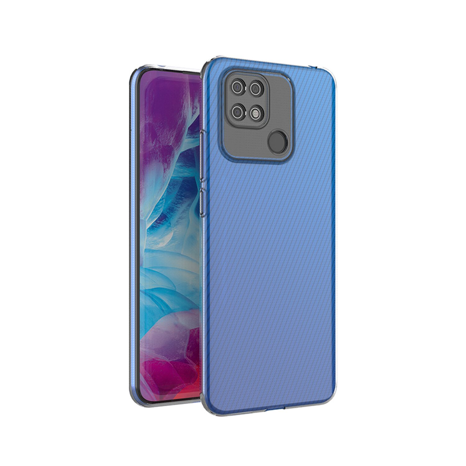 Custodia blu per telefono con copertura dell'obiettivo, che mostra un'immagine colorata.