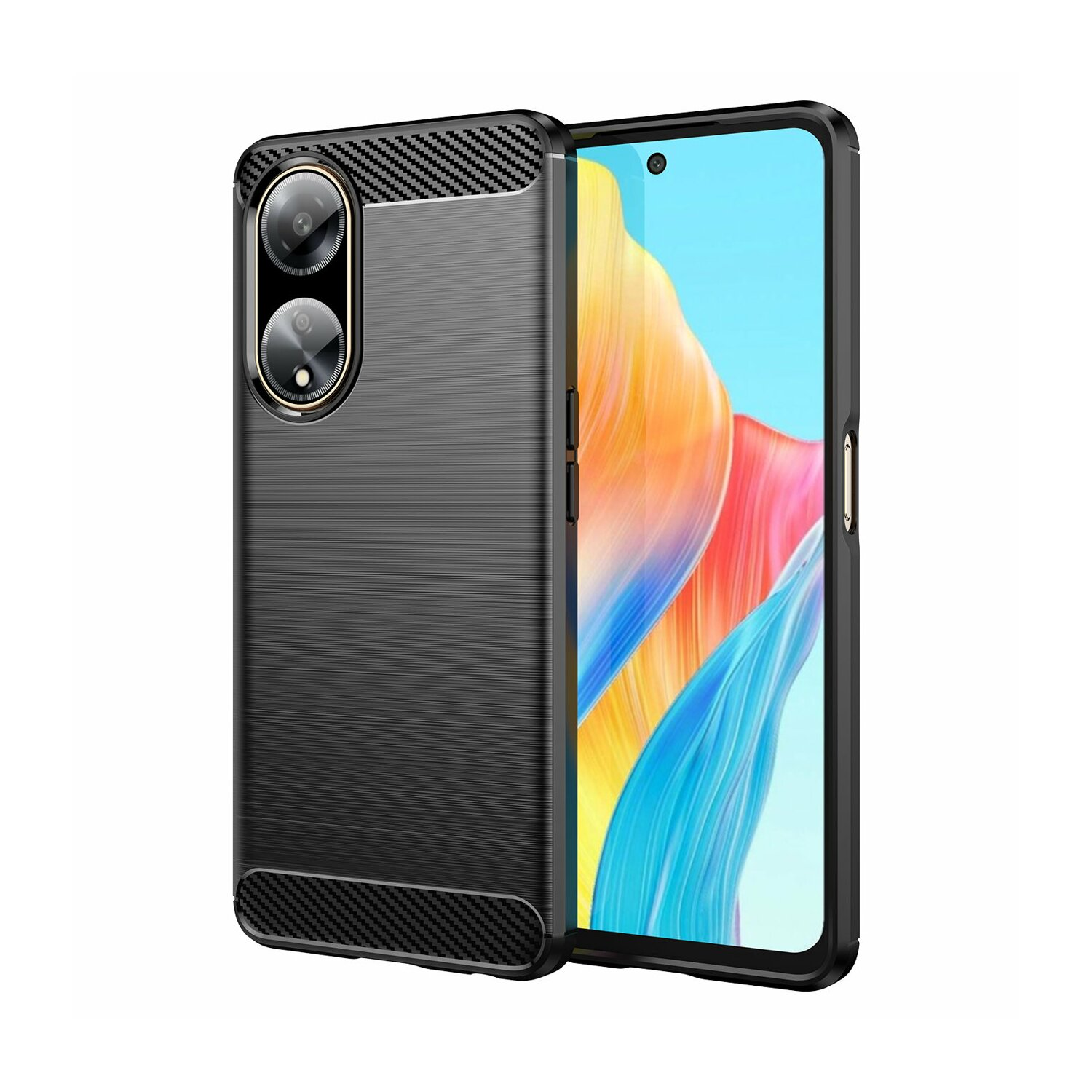 Custodia nera con trama in fibra di carbonio e un telefono con schermo colorato è visibile.