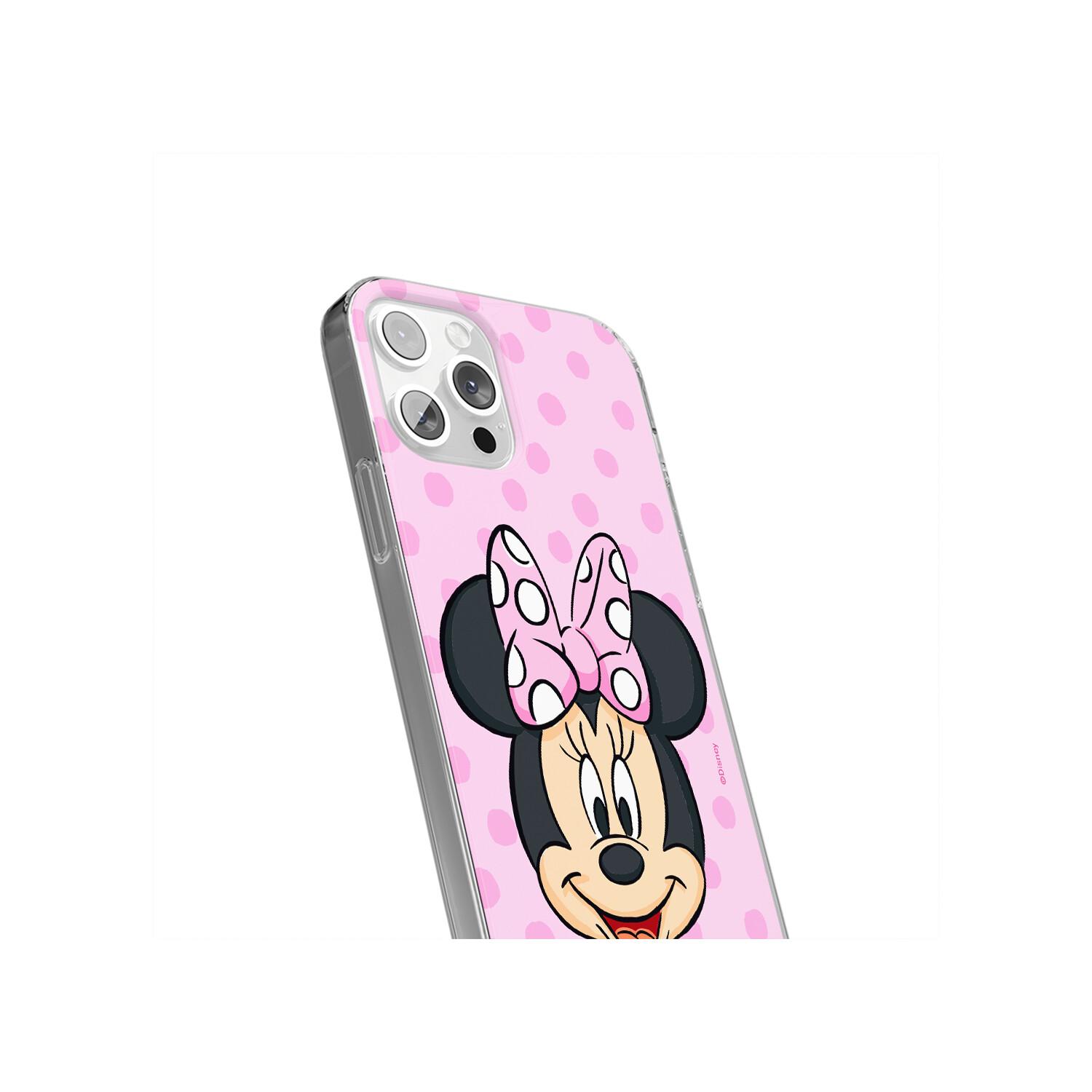 Custodia per telefono rosa Minnie Mouse con pois e una Minnie sorridente.