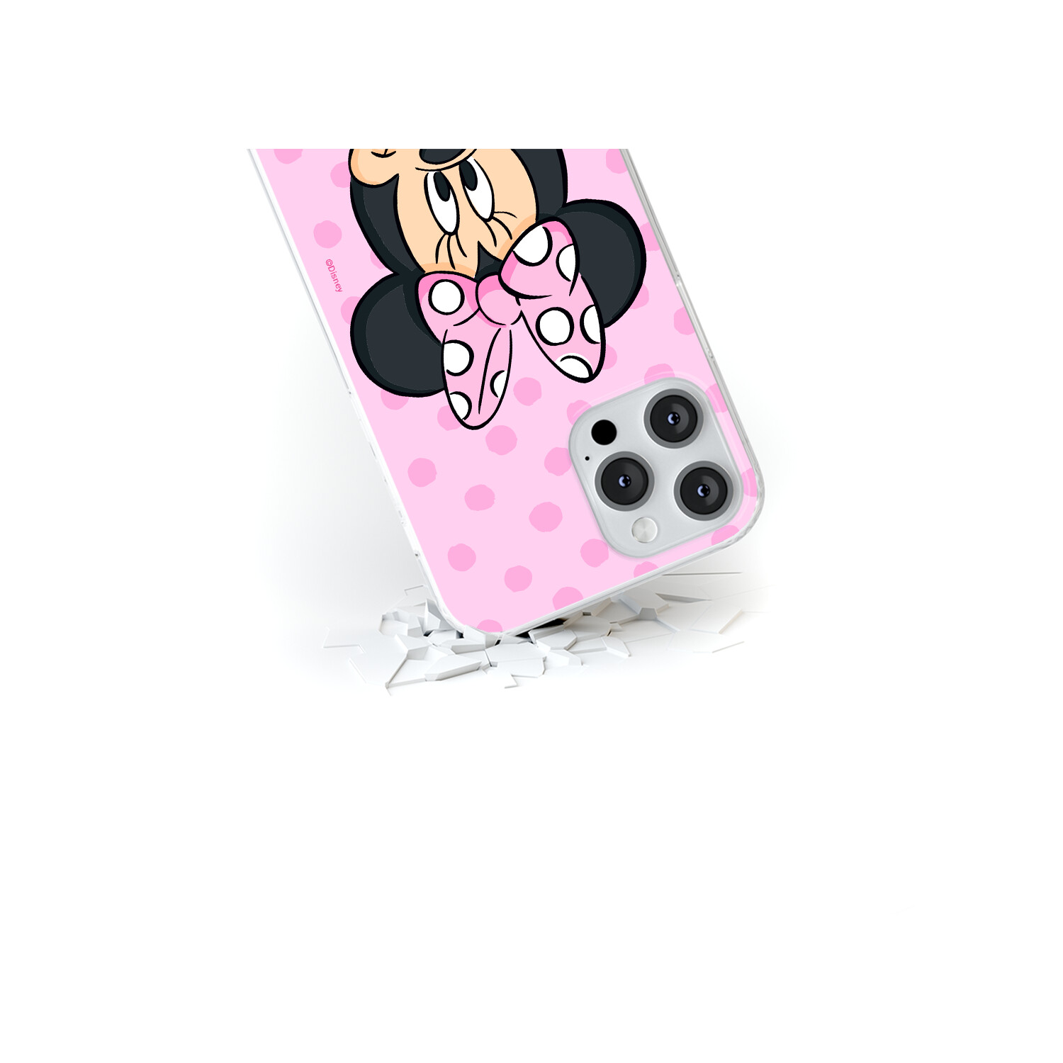Custodia per telefono di Minnie Mouse con pois rosa, su superficie bianca.
