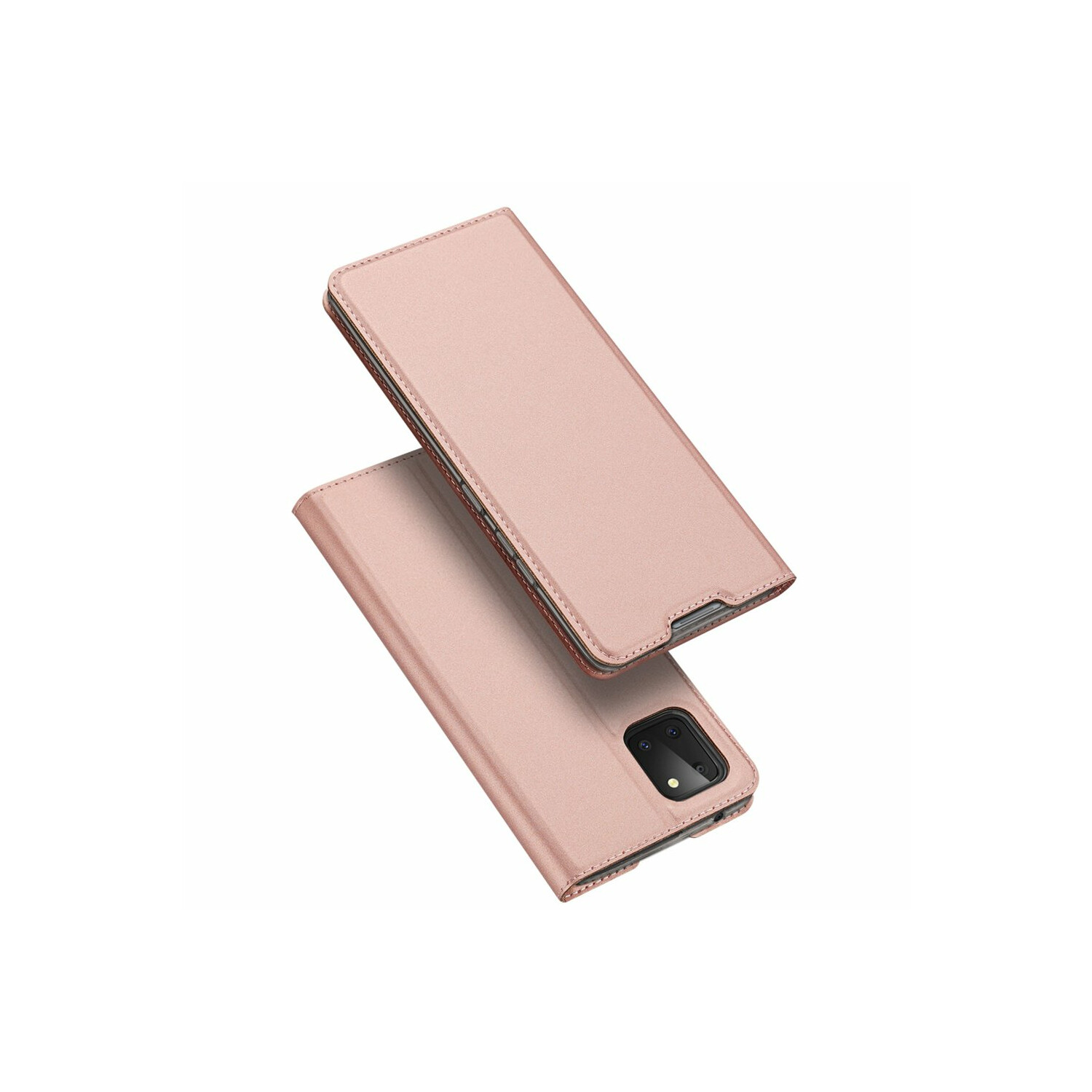 Custodia rosa per telefono con chiusura magnetica, aperta e chiusa. Rosa chiaro con fotocamera nera.