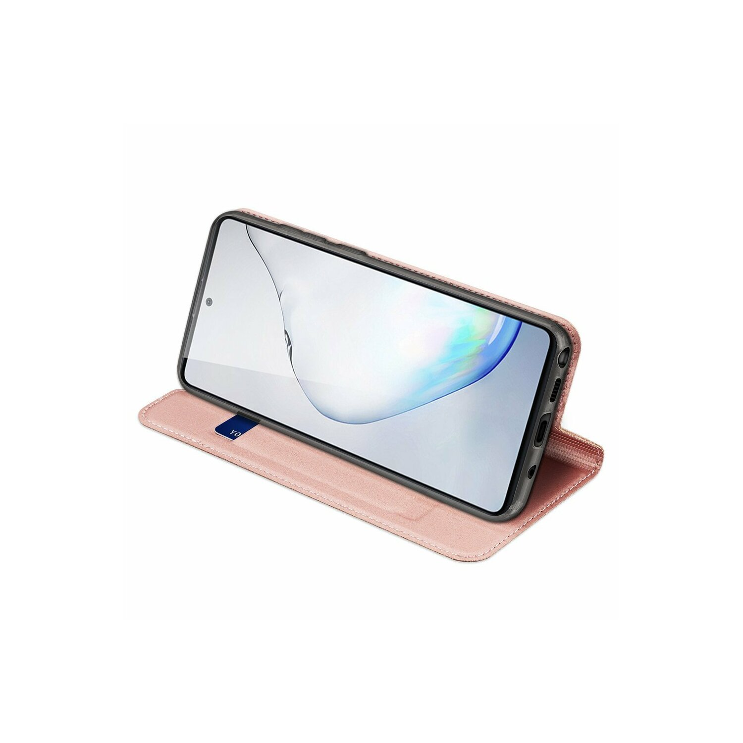 Custodia rosa per telefono, aperta per mostrare uno smartphone. Il telefono è nella custodia.