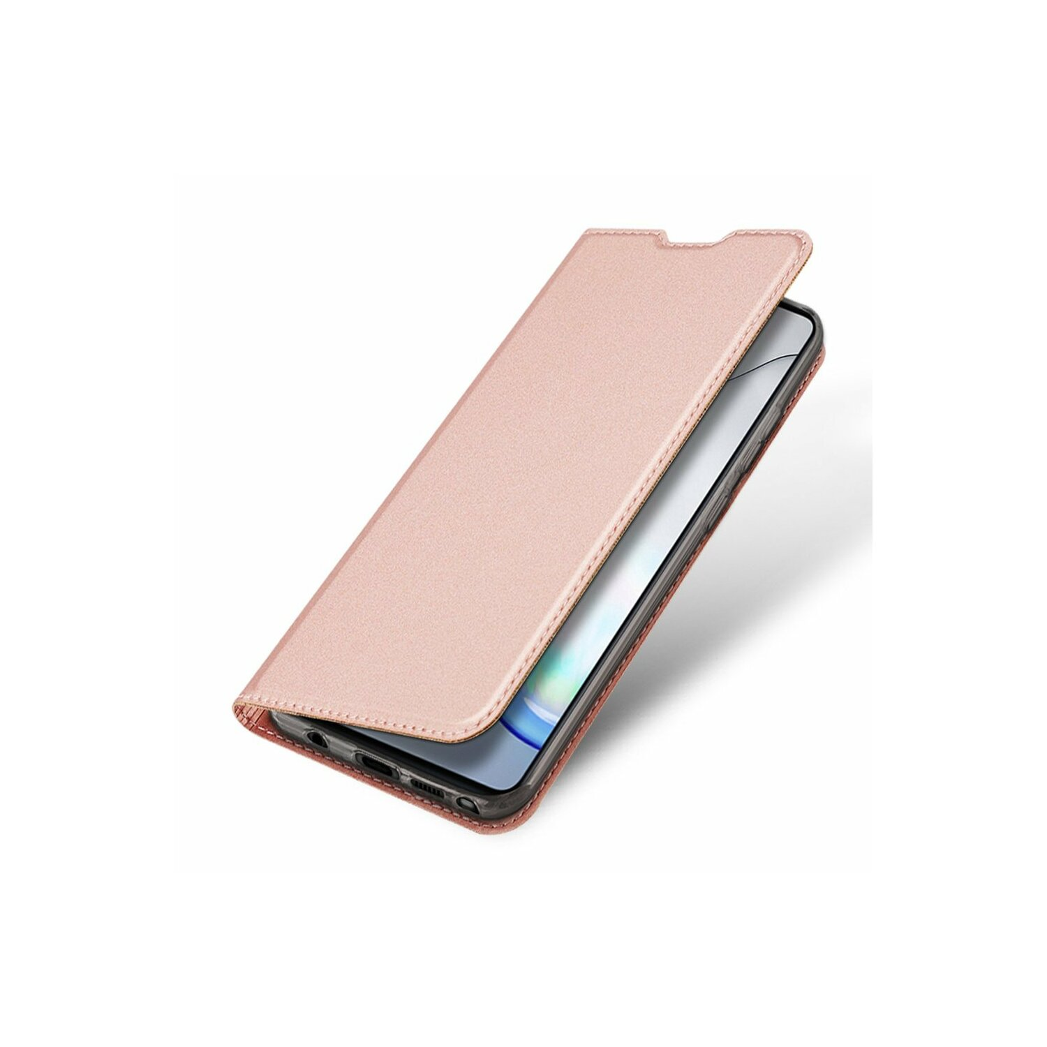 Un telefono in una custodia rosa. La custodia è aperta, rivelando lo schermo del telefono. La custodia è in pelle.