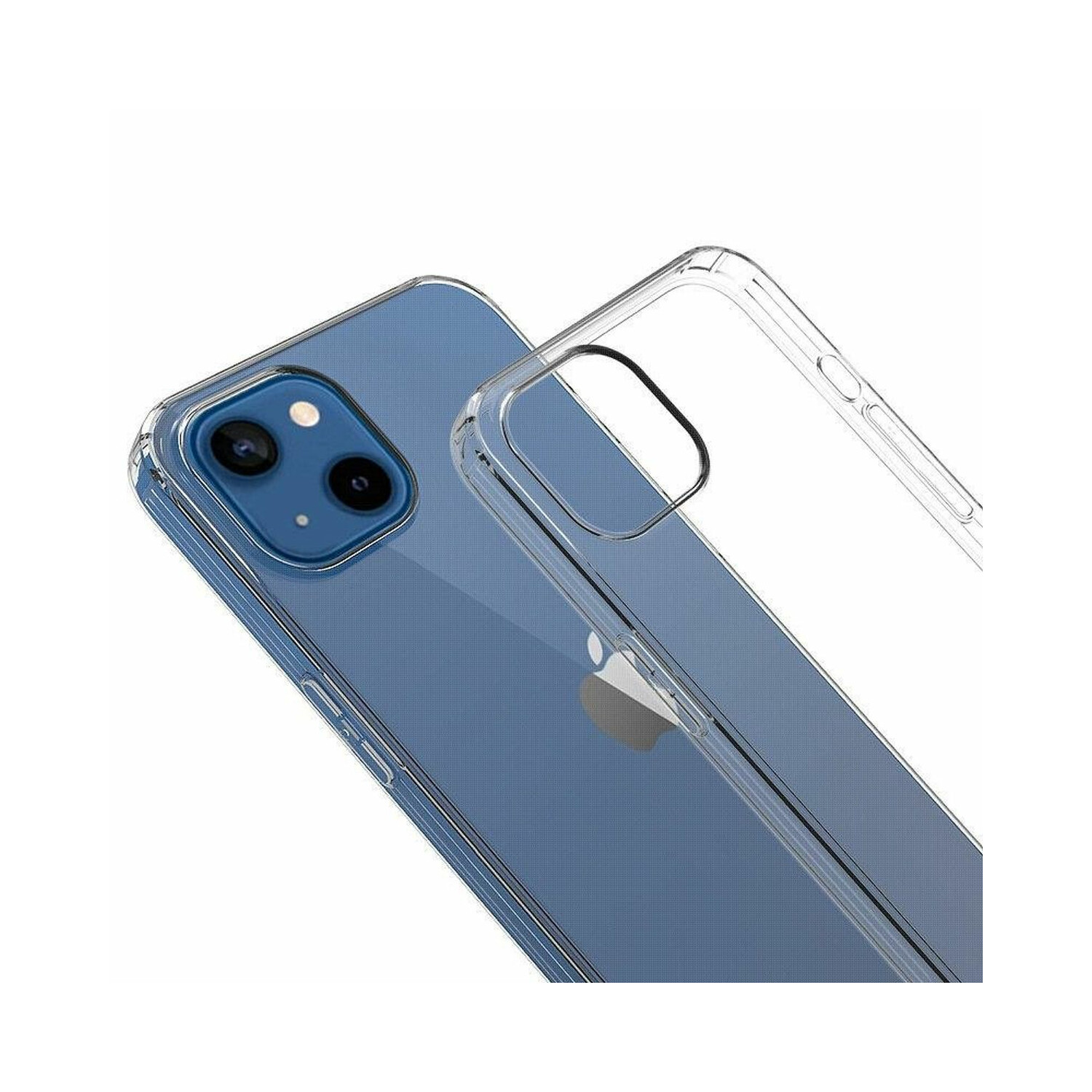 Een doorzichtige telefoonhoes over een blauwe telefoon. Hoes is schuin.