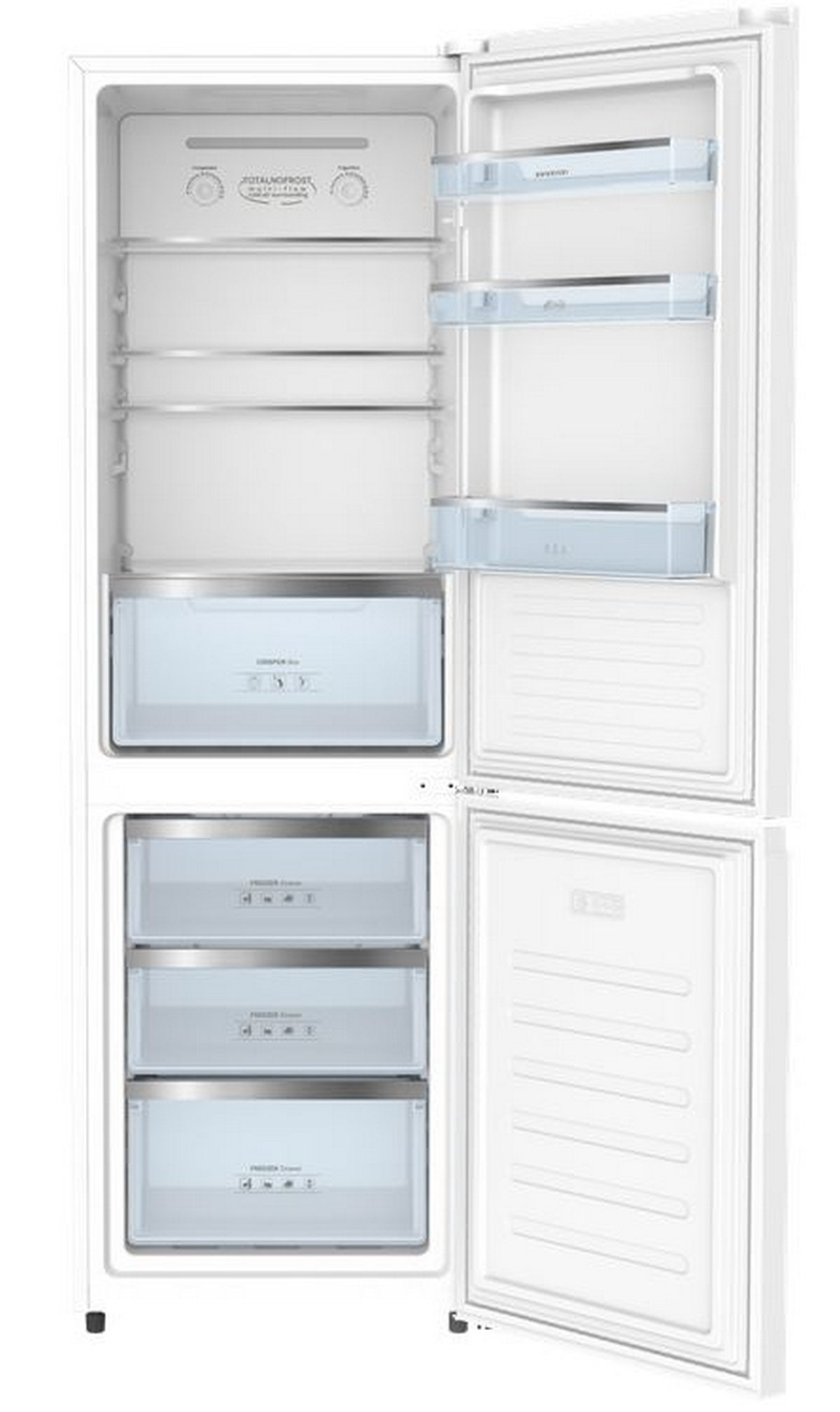 Un refrigerador blanco con las puertas abiertas. El interior muestra estantes, cajones y áreas de almacenamiento.