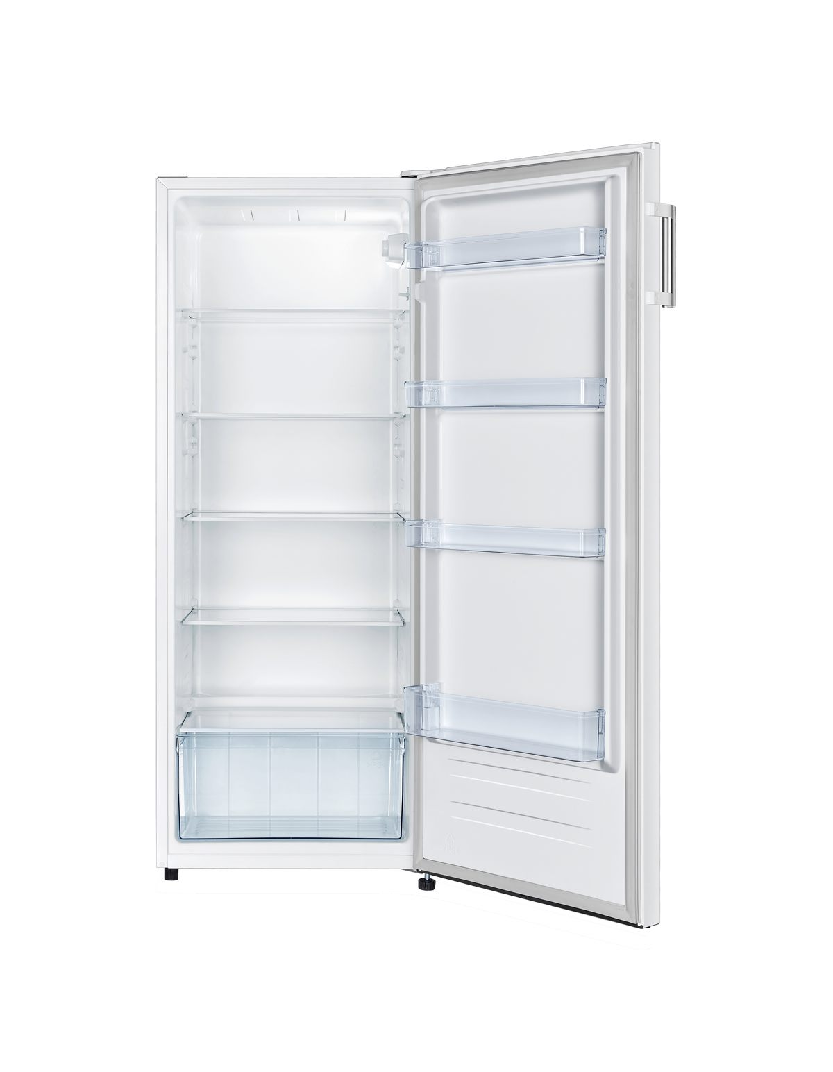 Refrigerador blanco con la puerta abierta, mostrando estantes. Vacío por dentro.