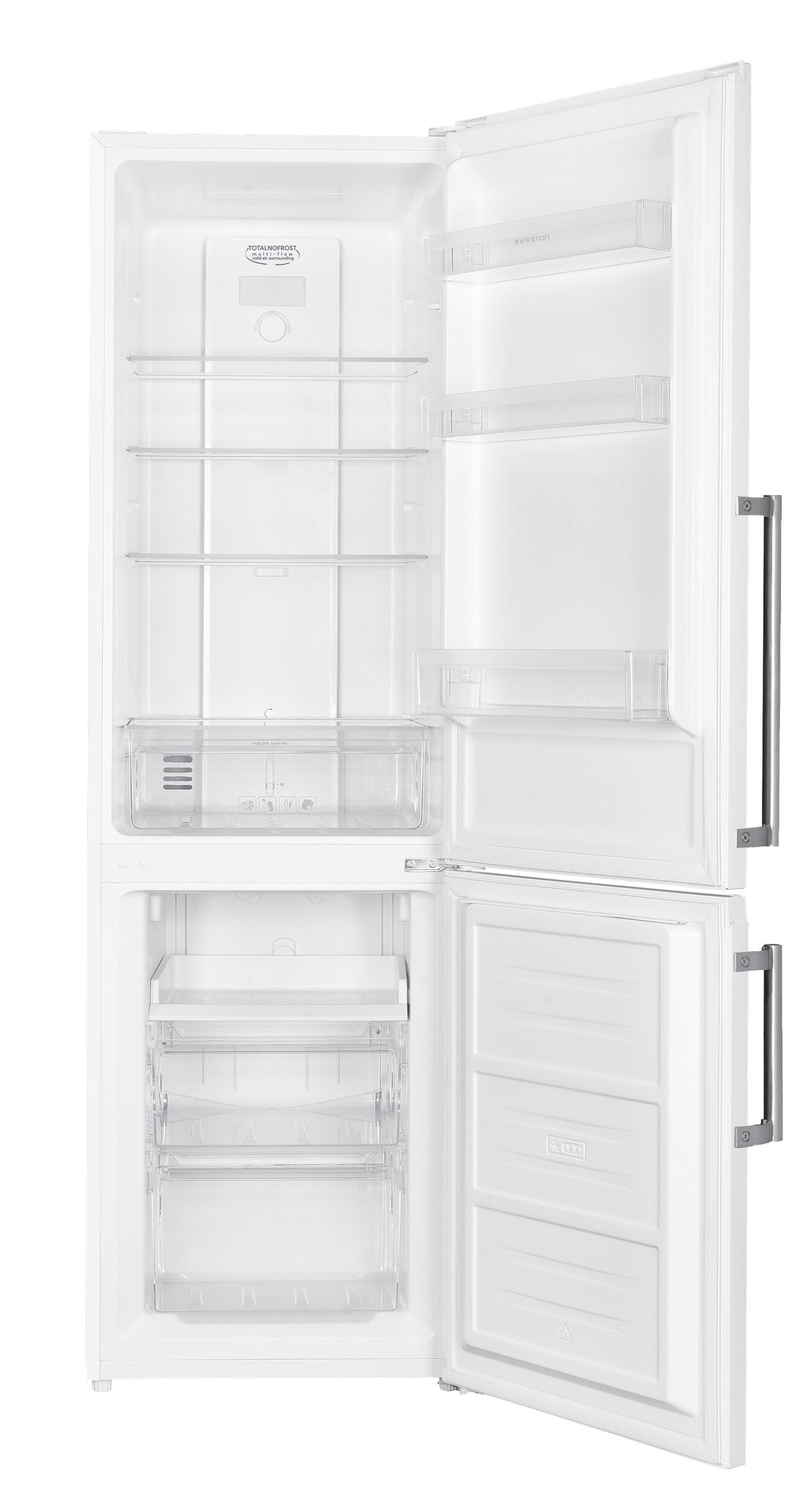 Refrigerador blanco abierto con estantes, cajones y una puerta abierta. Está vacío, limpio y listo para usar.