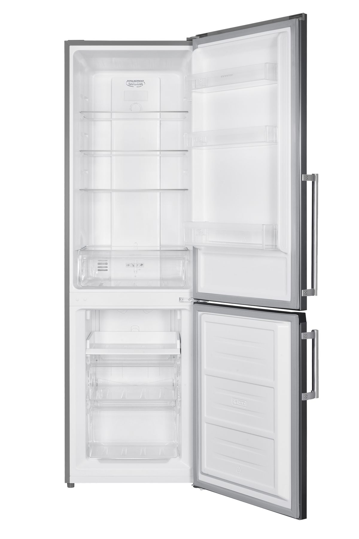 Refrigerador abierto con marco gris, mostrando estantes, cajones y puertas.