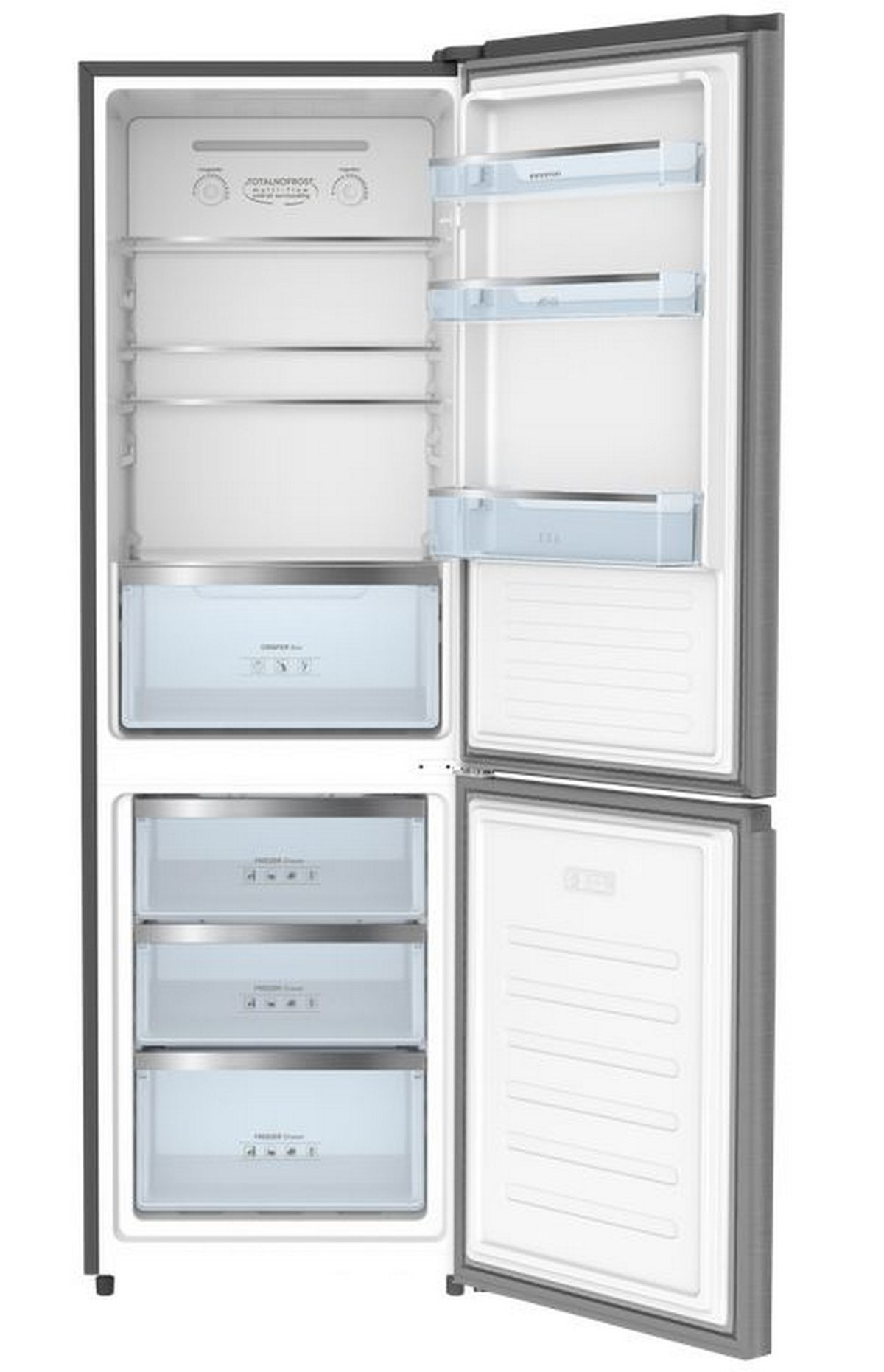 Refrigerador abierto, mostrando compartimentos, estantes, cajones y una sección de congelador, todos vacíos.