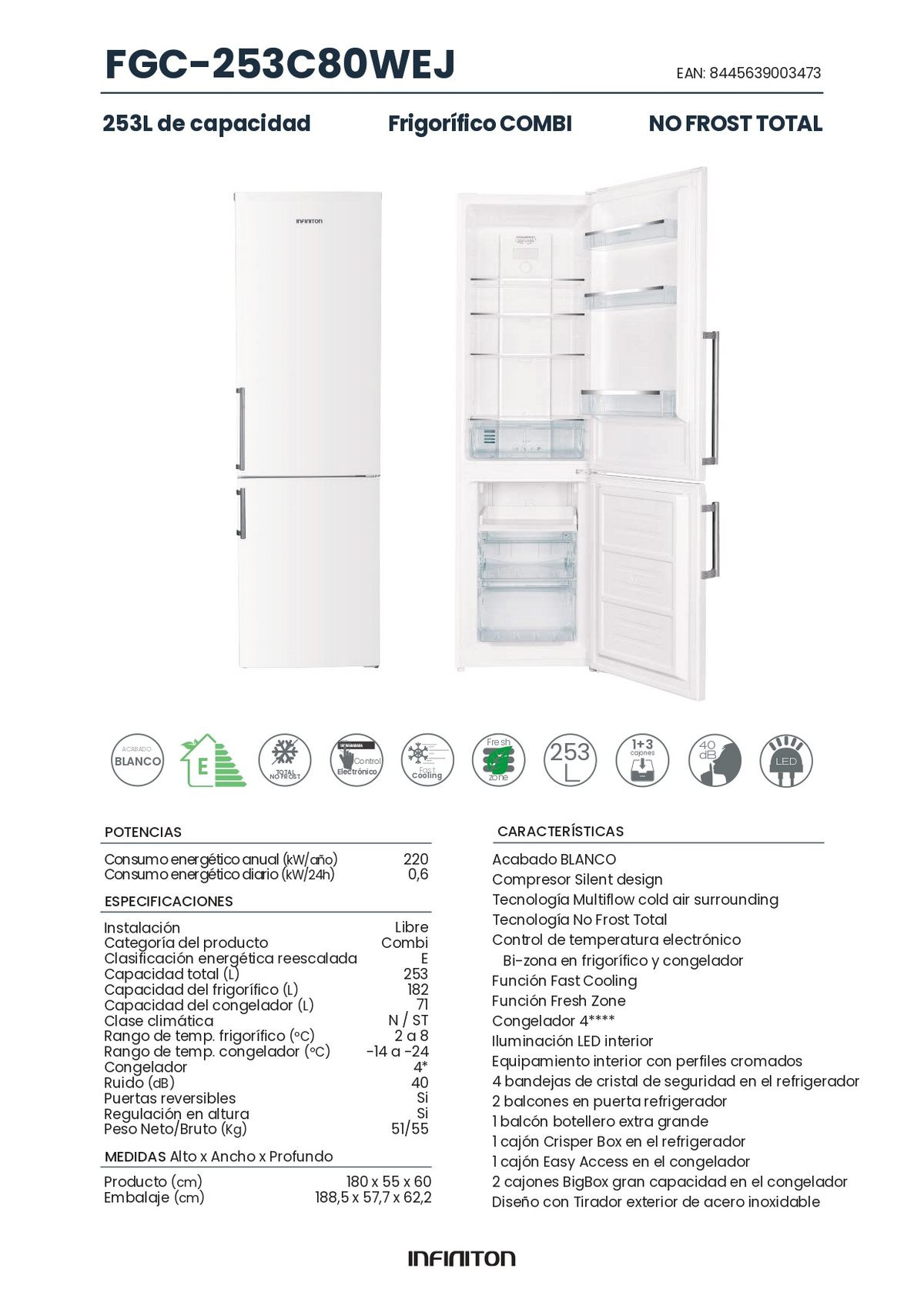 Nevera Infiniton con especificaciones en español. Blanca con dos puertas, abierta muestra estantes y congelador.