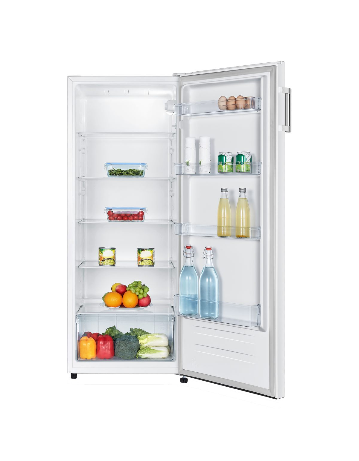 Un refrigerador con la puerta abierta, mostrando alimentos en el interior.