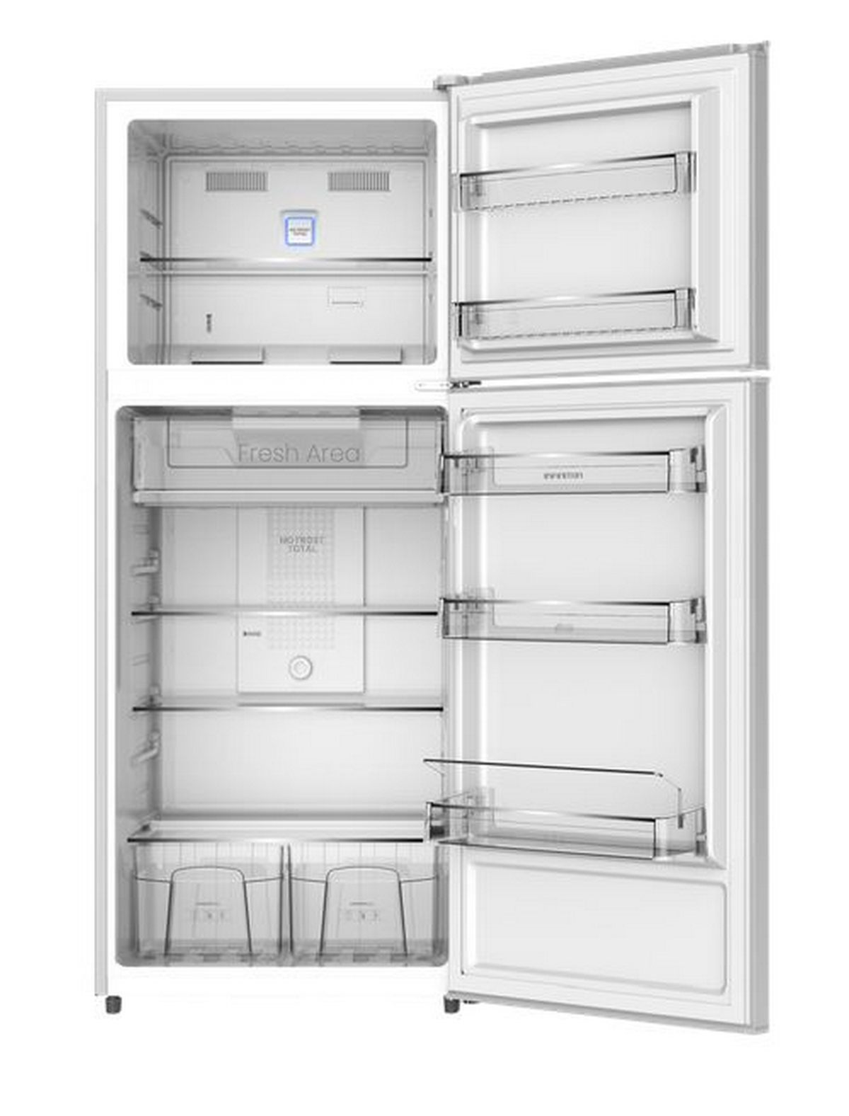 Refrigerador blanco con puertas abiertas. Estantes, cajones en el interior. El congelador arriba.