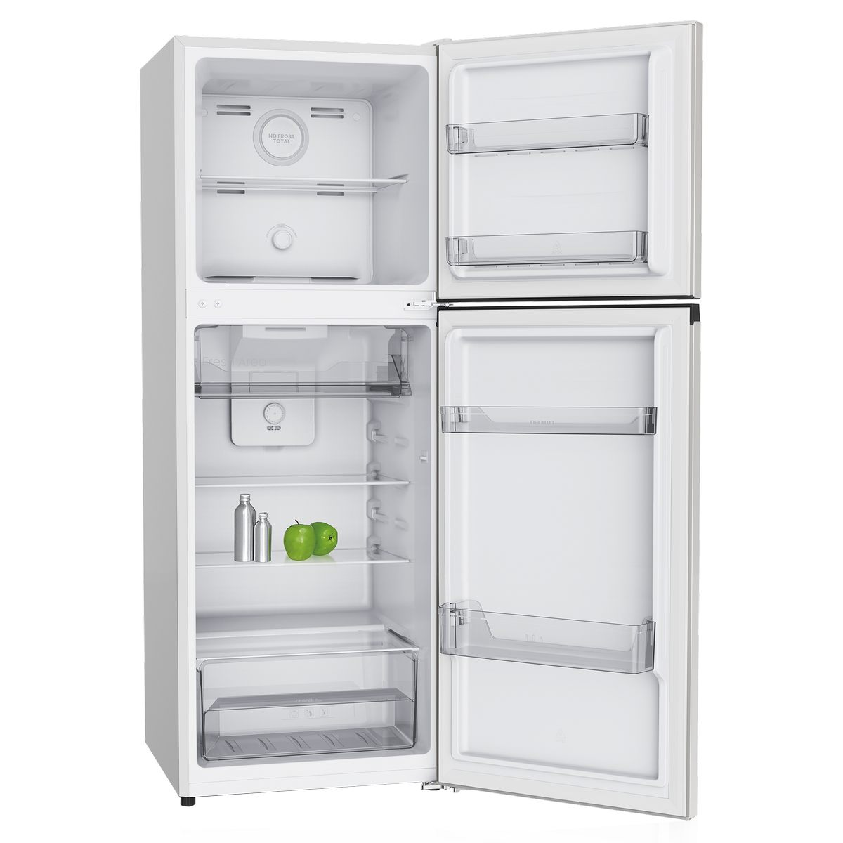 Refrigerador blanco, abierto, con estantes, cajones y contenido: botellas y manzanas verdes.