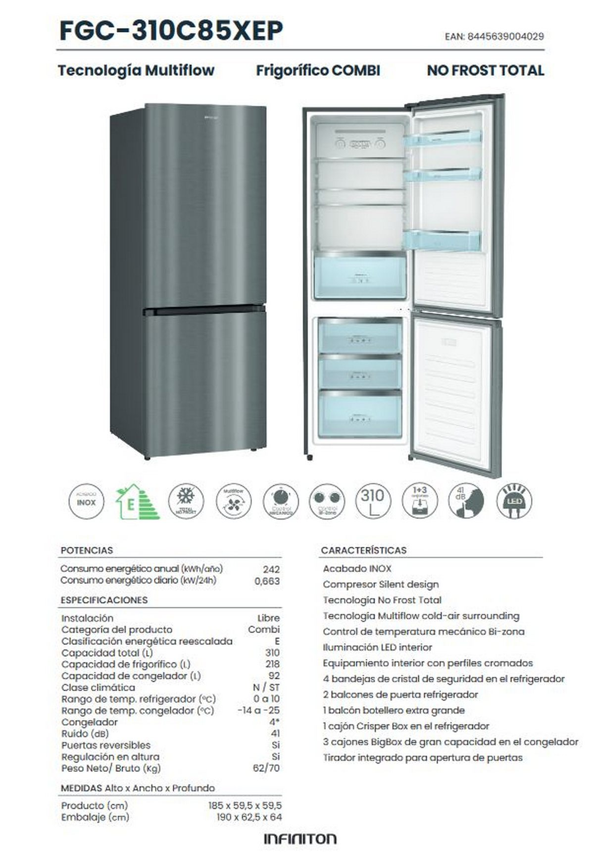 Un refrigerador con las puertas abiertas, mostrando el interior de los compartimentos del refrigerador y congelador.