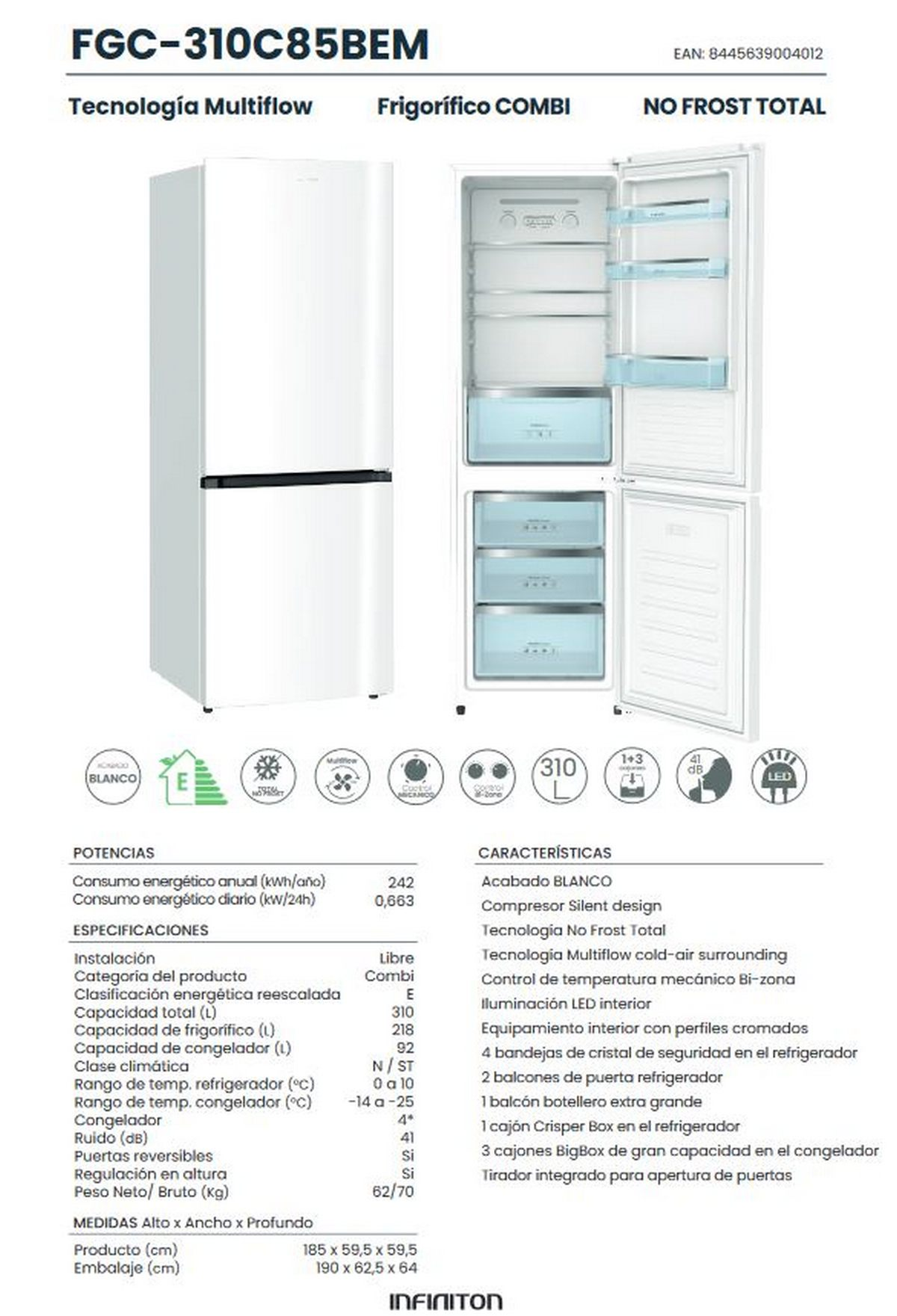 Un refrigerador con información del producto en el lateral. El texto está en español.