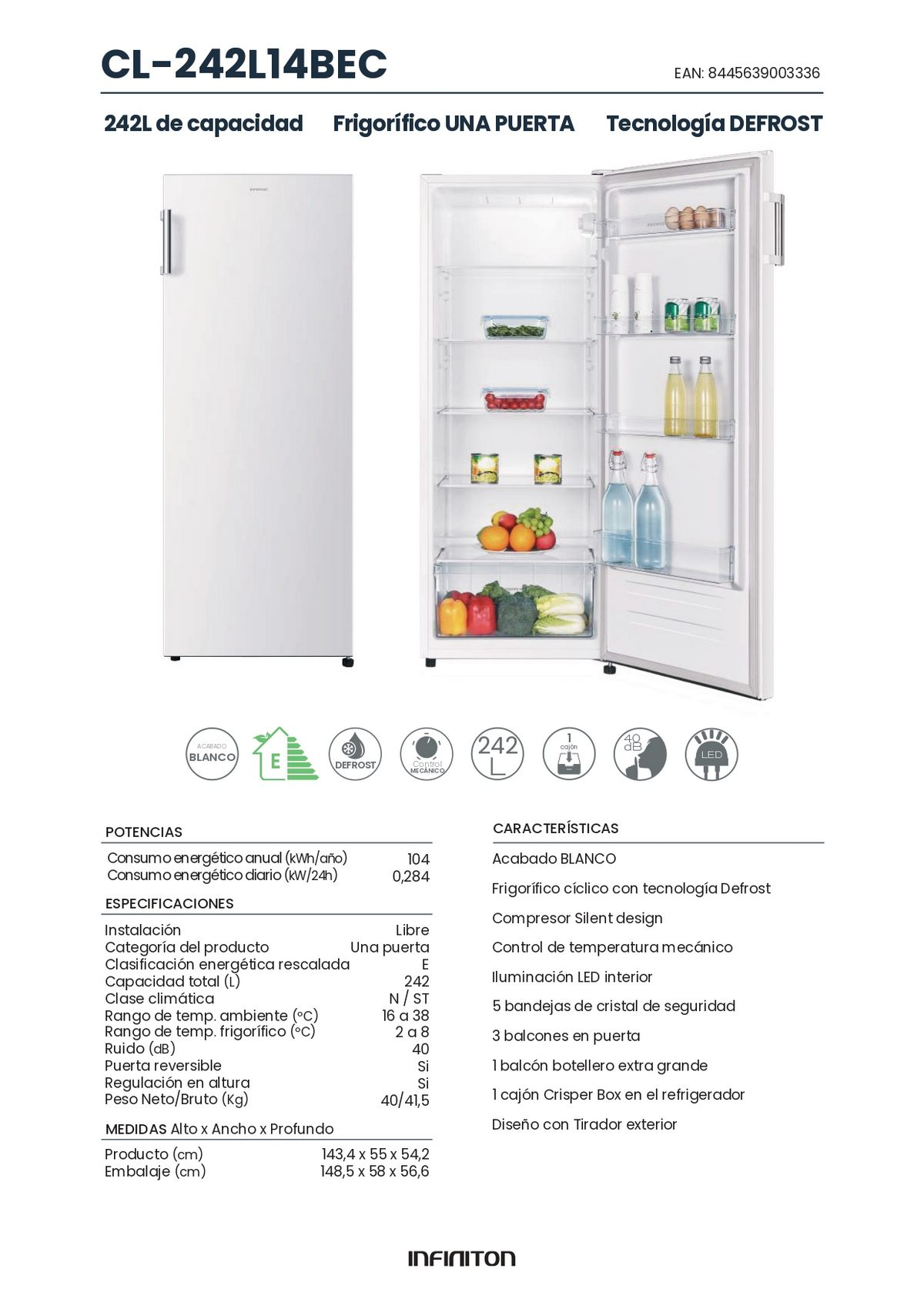 Refrigerador blanco con puerta abierta, mostrando estantes con comida. Texto y etiqueta energética visibles.