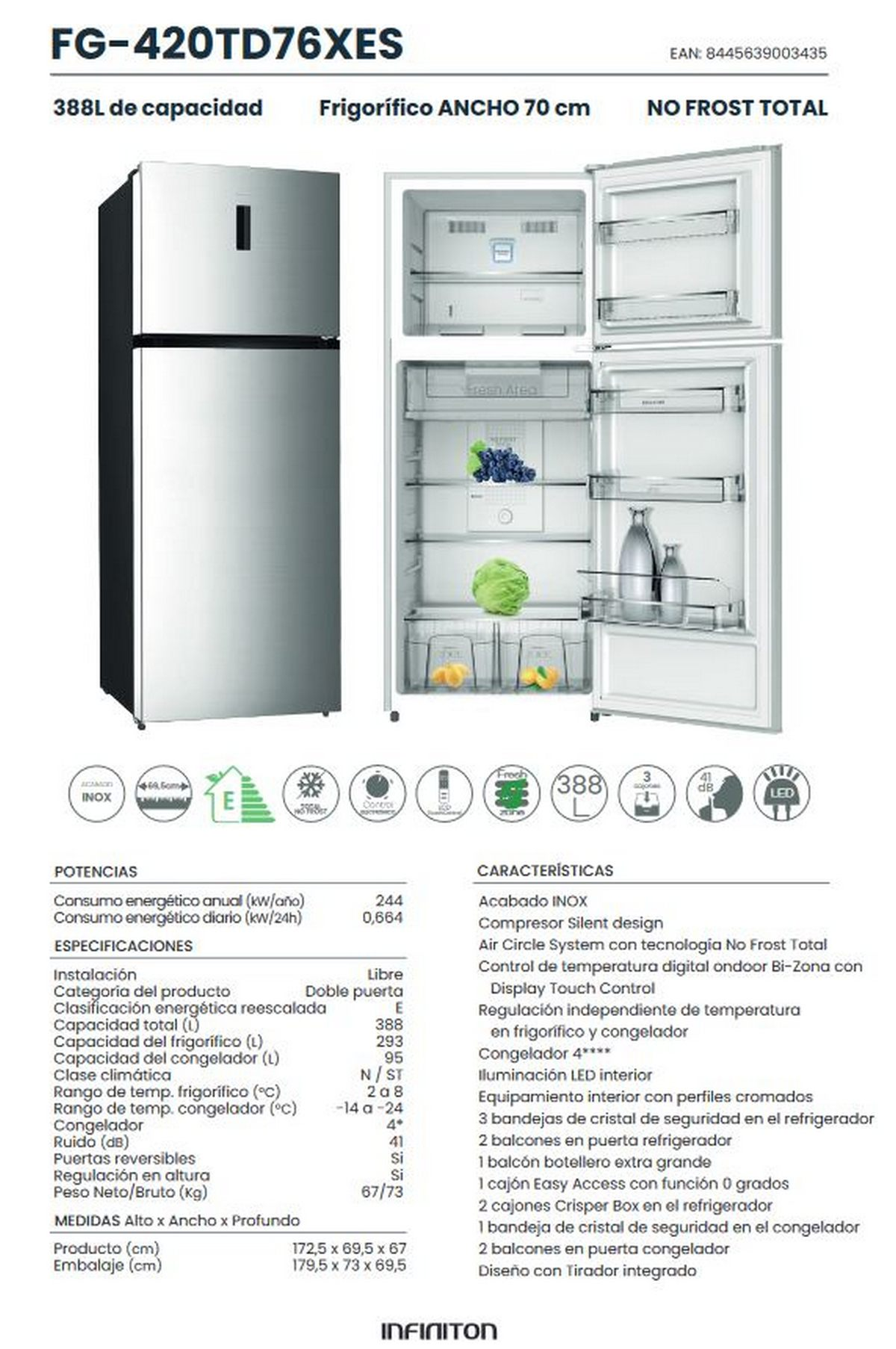 Refrigerador con puertas abiertas, blanco, con tabla de especificaciones y descripción de texto.