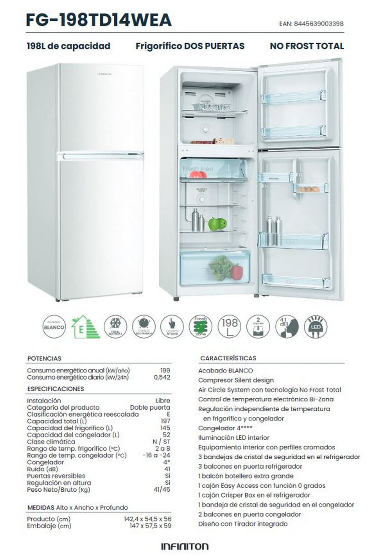 Refrigerador blanco con secciones de congelador superior e inferior, puertas abiertas, con especificaciones.