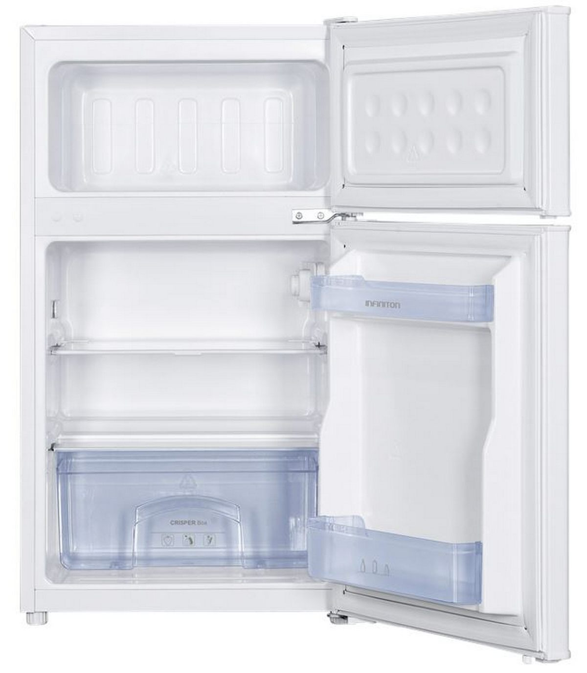 Refrigerador blanco con puertas abiertas, mostrando estantes, cajones y compartimentos.