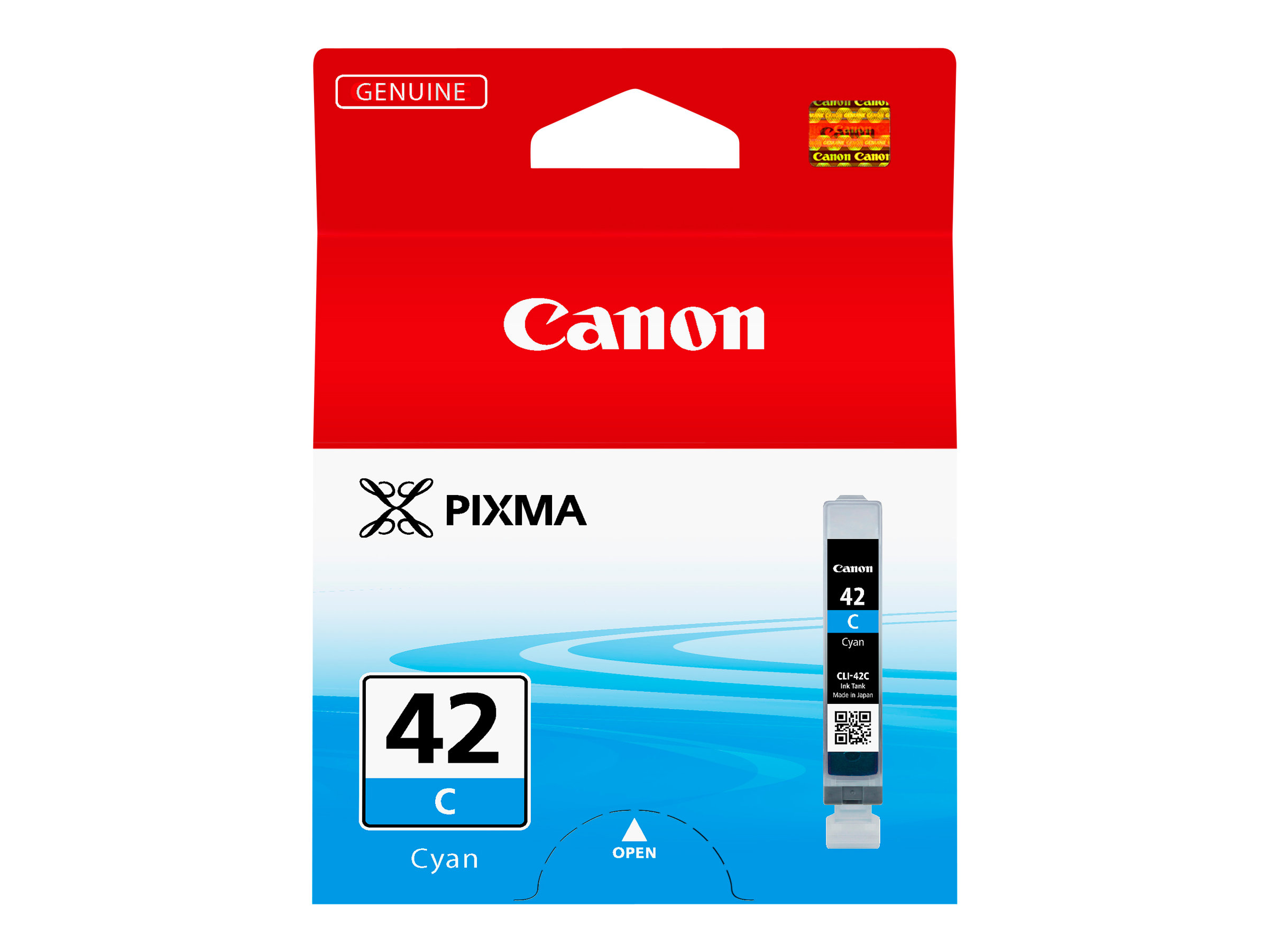 Canon Pixma 42 Cyan inktcartridge in de verpakking. De verpakking is rood en wit.