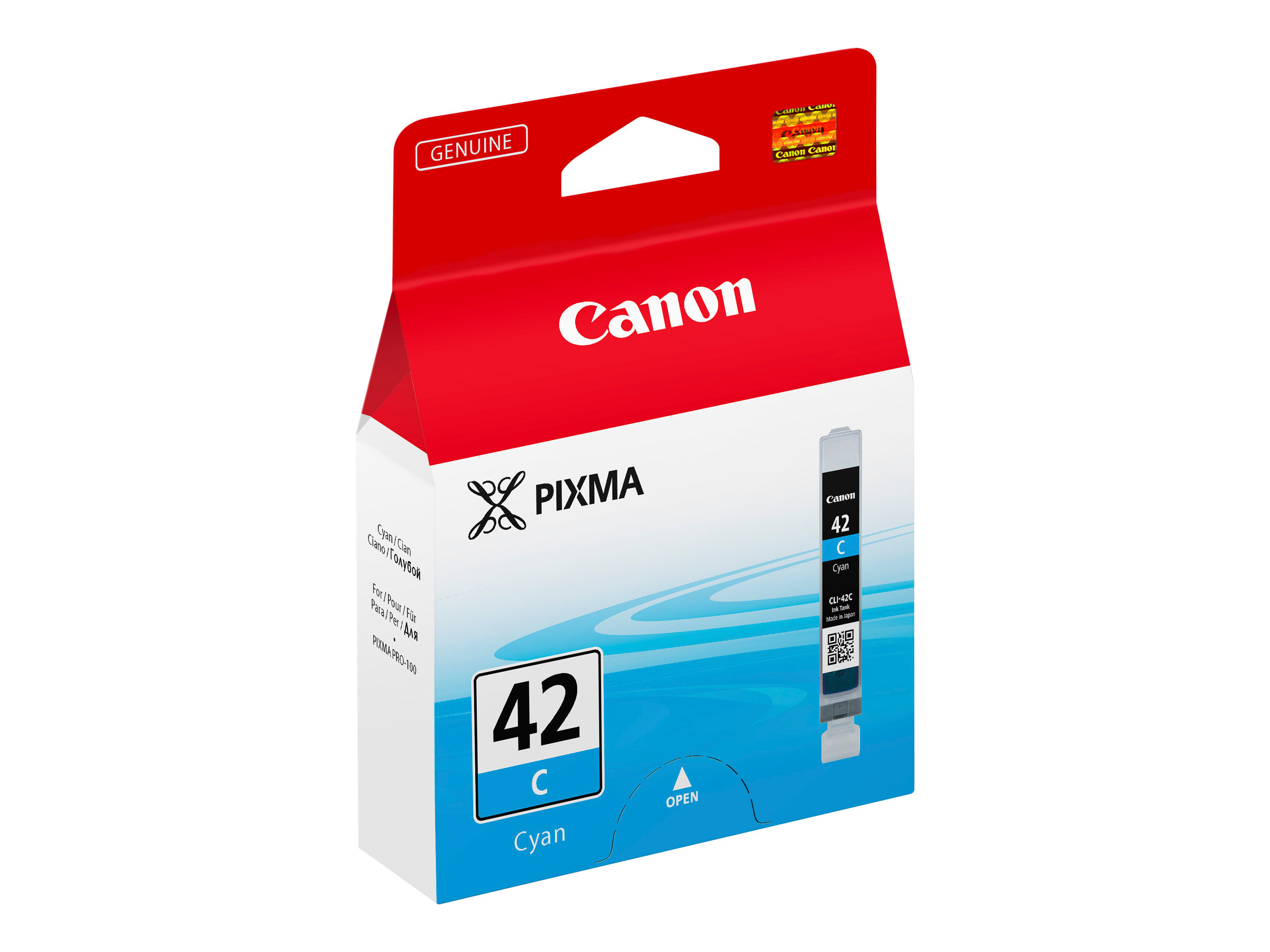 Canon Pixma 42 Cyaan inktcartridge, in een rood-blauwe doos. Cyaan inkt in een zwarte cartridge.