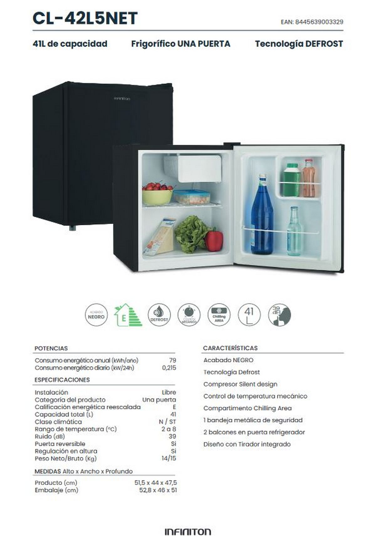 Minifrigorífico con puerta abierta. Especificaciones del producto con fondo blanco.