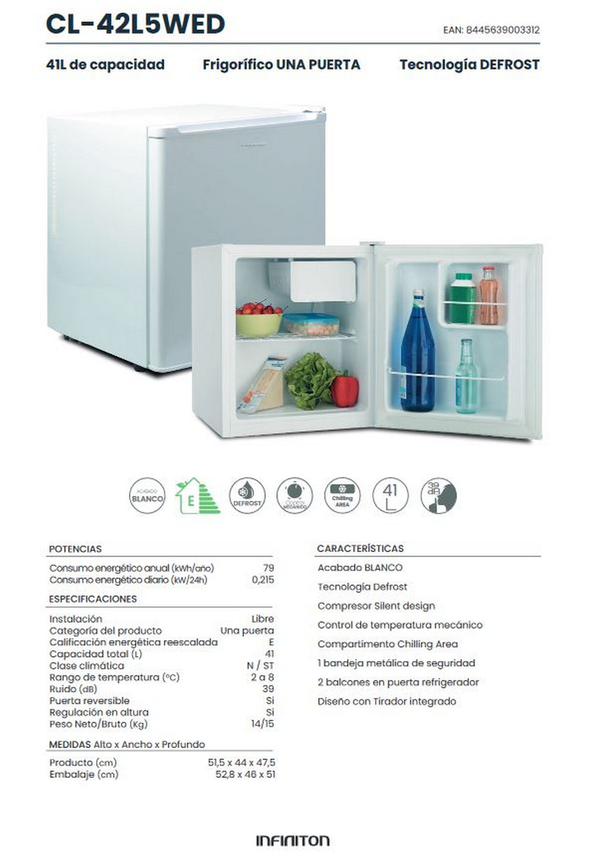 Pequeño refrigerador blanco con puerta abierta, mostrando estantes y contenido. Descripción textual.