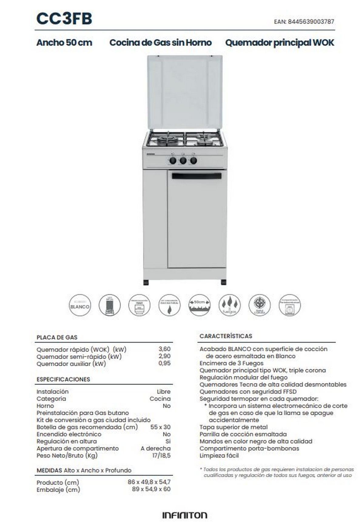 Cocina de gas con tapa abierta, blanca y plateada, con texto y especificaciones.