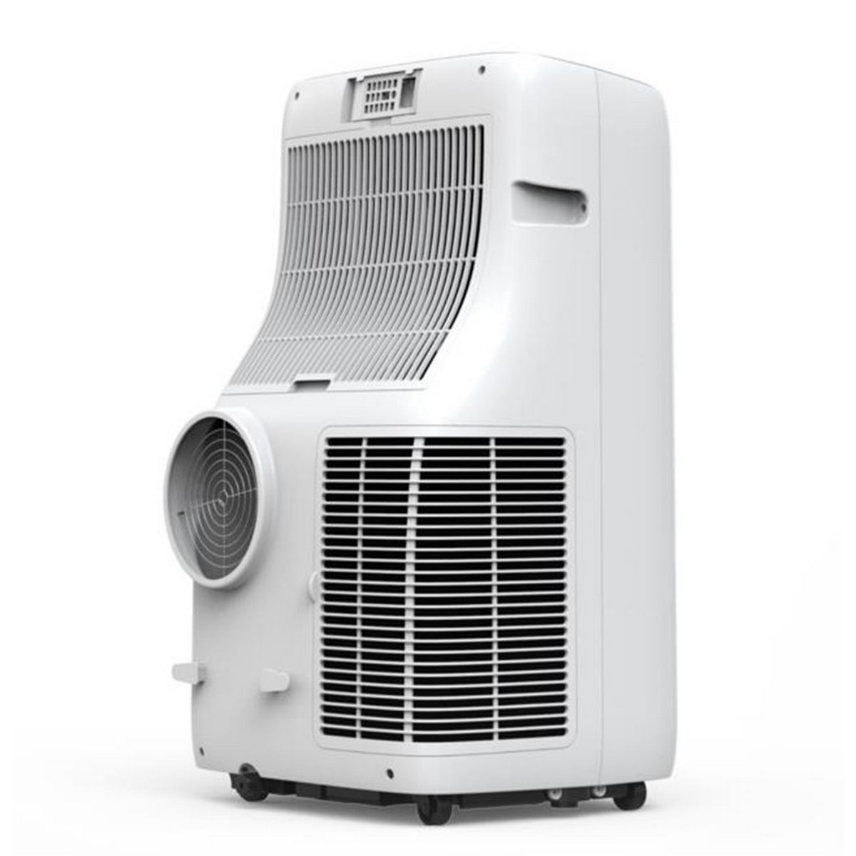 Aire acondicionado portátil blanco. Tiene ventilador en el lateral, ventilaciones y un panel de control. Aislado en blanco.