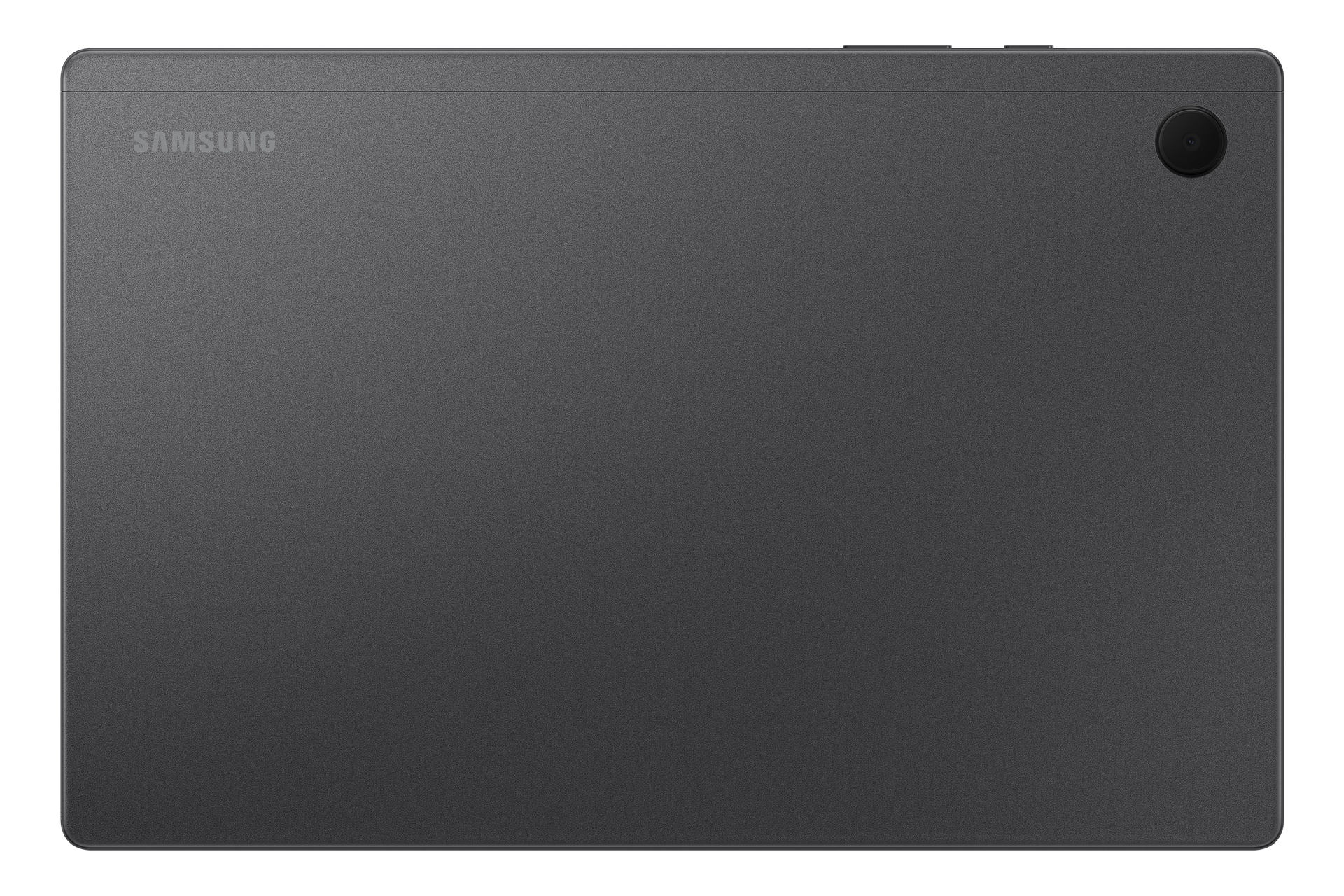 Tablet Samsung grigio, vista posteriore, mostra l'obiettivo della fotocamera e il logo Samsung.