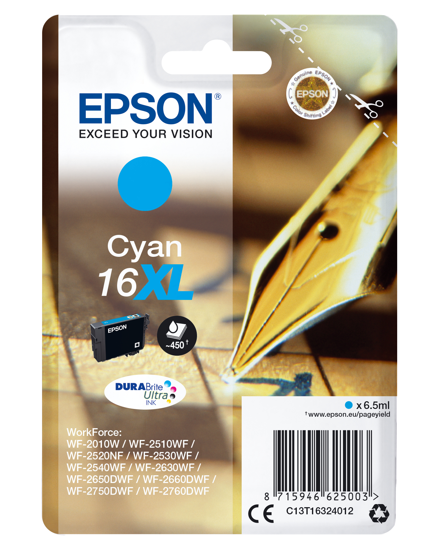 Emballage de la cartouche d'encre Epson Cyan 16XL. Le paquet montre la cartouche et l'illustration d'un stylo.