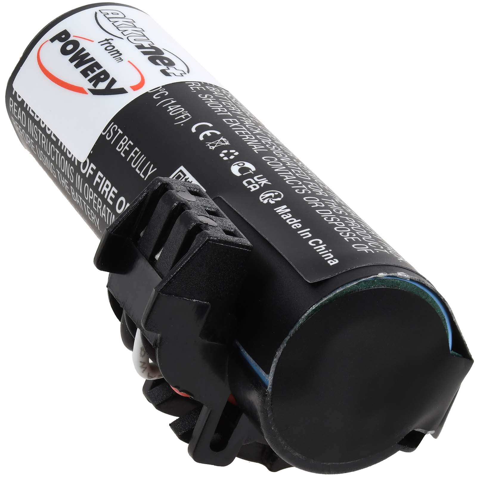 Zylindrische Batterie mit schwarzem Stecker. Text in weißen und roten Etiketten kennzeichnet den Artikel.