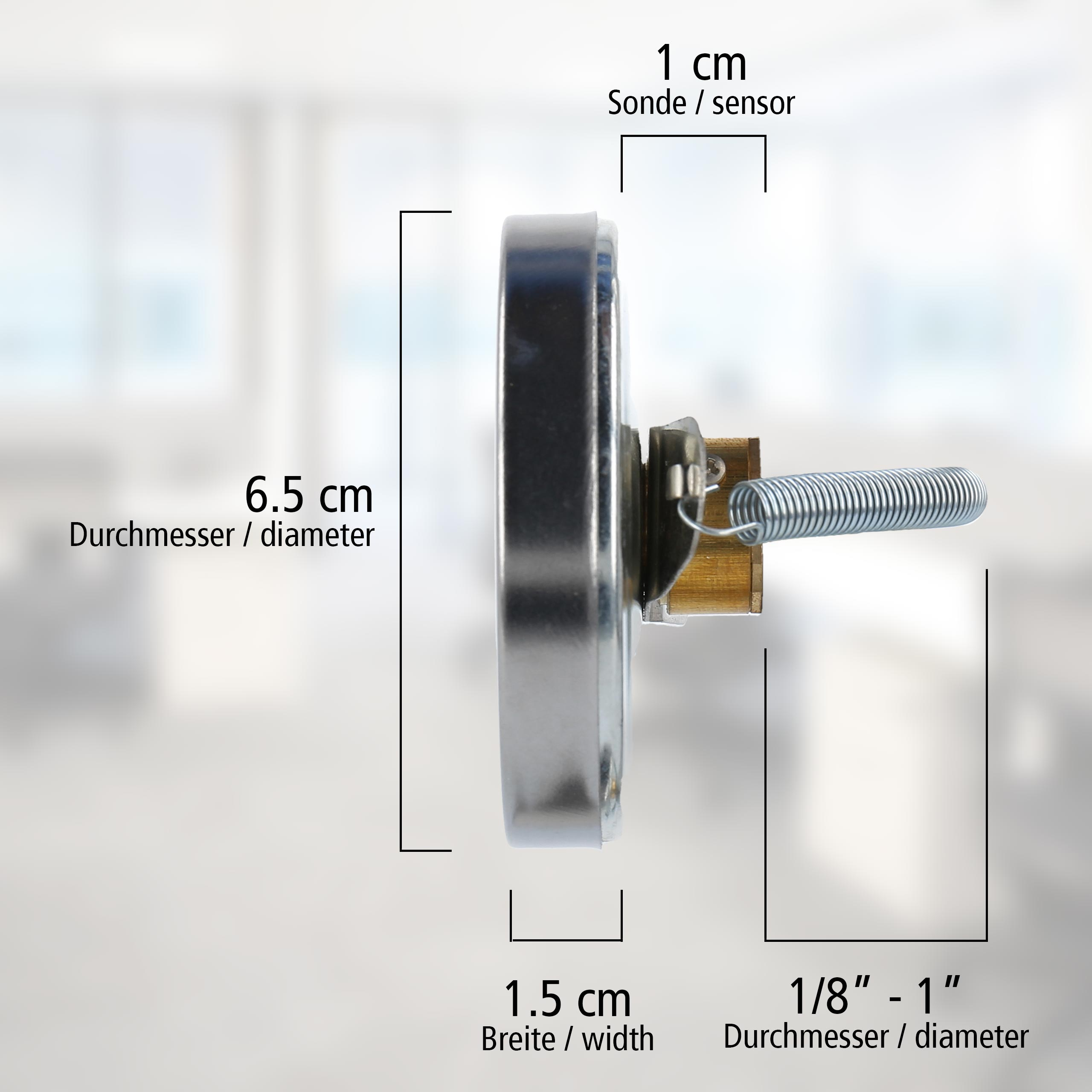 Metallsensor mit beschrifteten Abmessungen, Seitenansicht, Hintergrund unscharf.