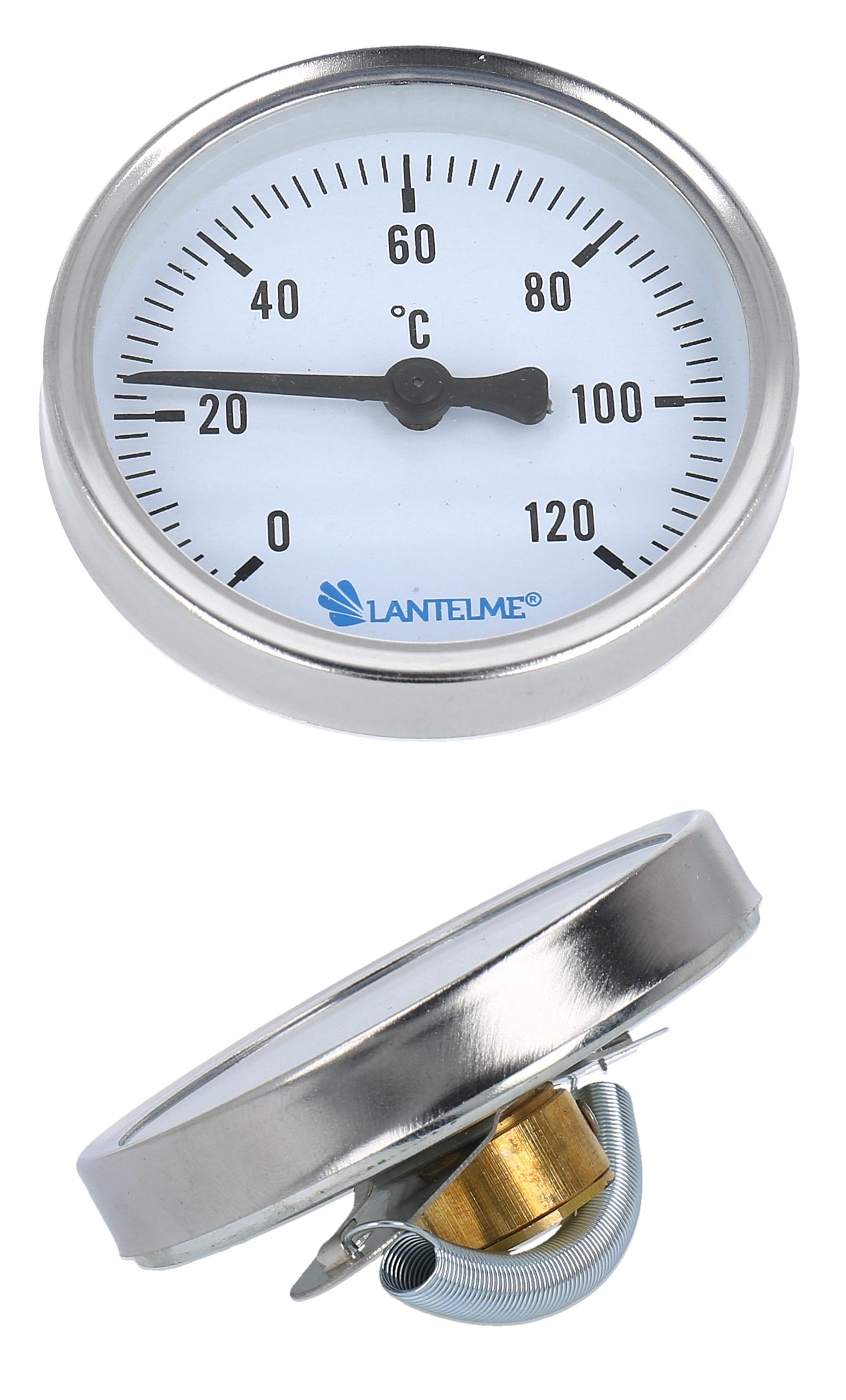 Ein runder, analoger Thermometer mit weißem Zifferblatt und Metallrahmen, schräg, um die Seite zu zeigen.