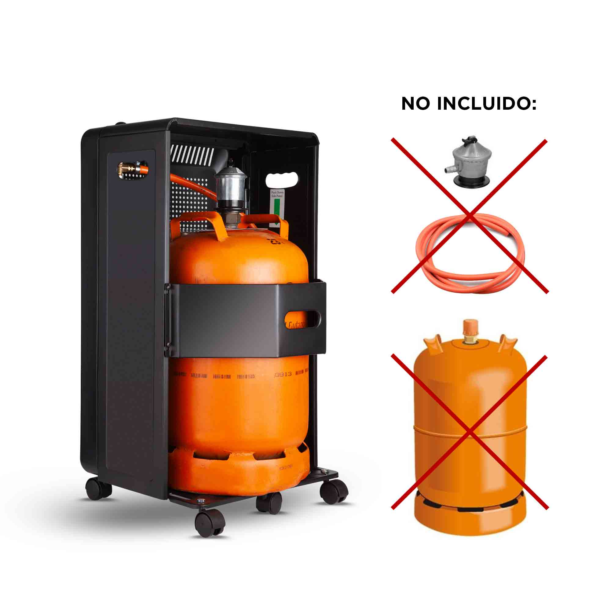 Un calefactor negro con un tanque de gas naranja en su interior. Imágenes tachadas muestran partes no incluidas.