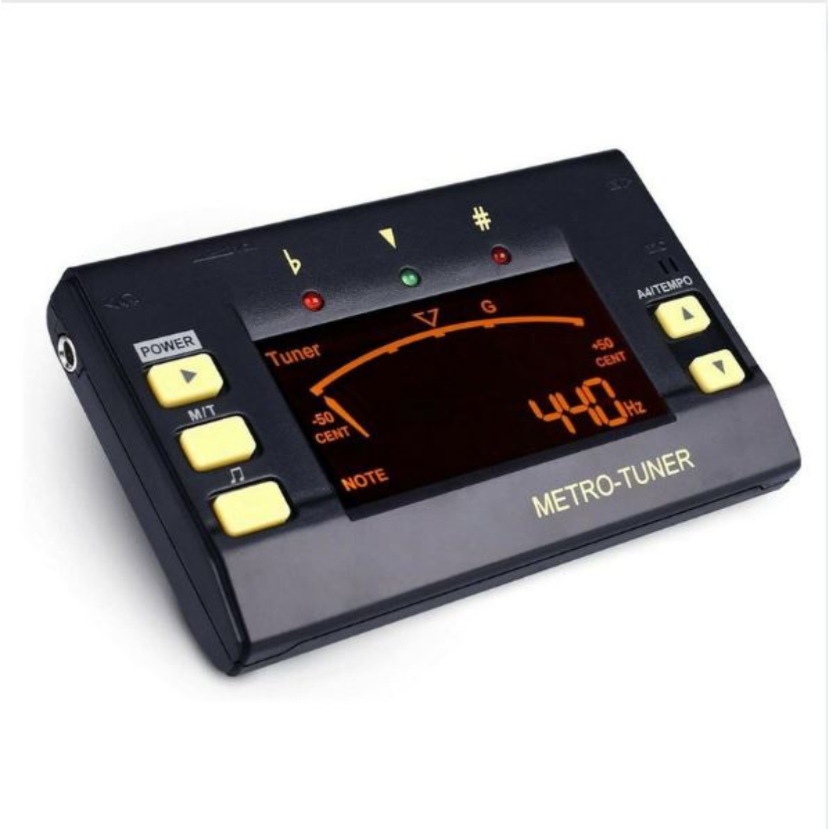 Schwarzer Metro-Tuner mit orangefarbenem Display, Knöpfen und Klinkenanschluss, auf weißem Hintergrund.