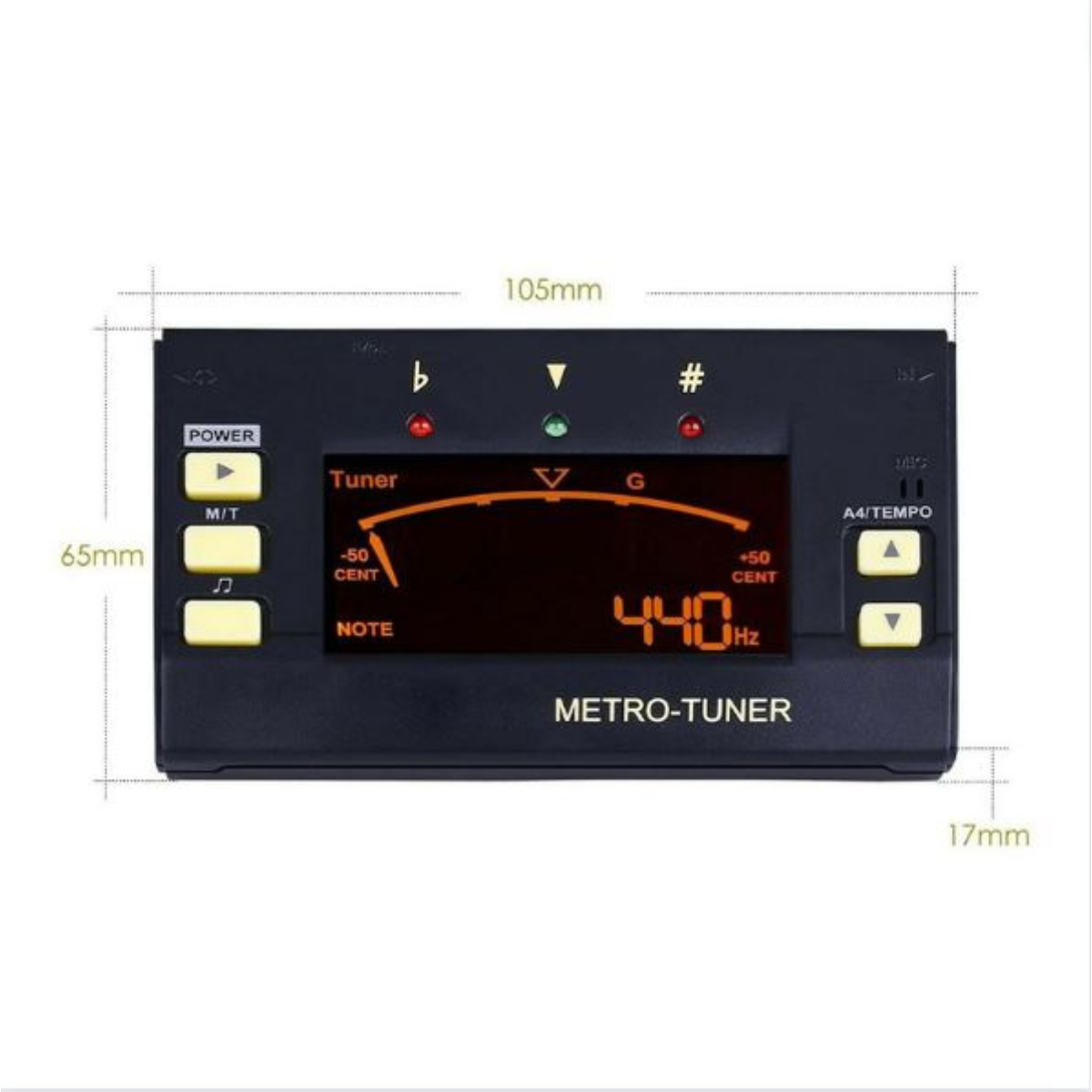 Ein schwarzer Tuner zeigt '440Hz' und andere Einstellungen an. Es hat gelbe Knöpfe und Messbeschriftungen.