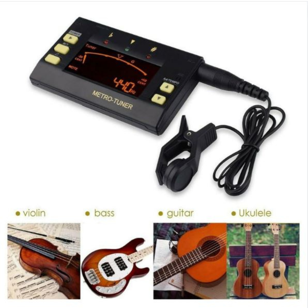 Ein schwarzes Metro-Tuner mit Clip und verschiedenen Saiteninstrumenten: Geige, Bass, Gitarre, Ukulele.