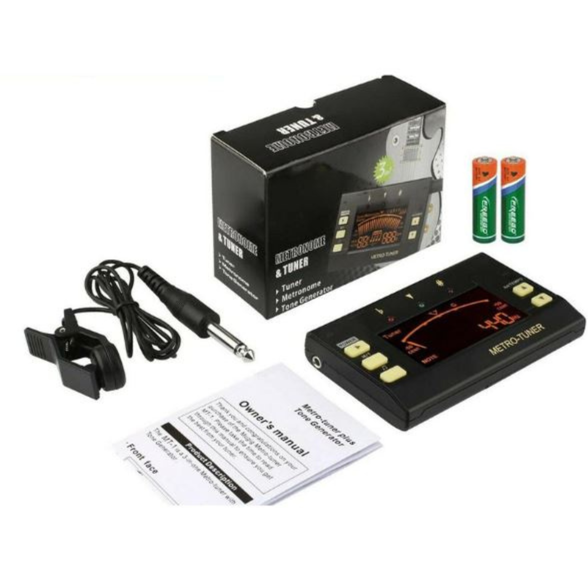 Schwarzes Gitarren-Stimmgerät-Set mit Zubehör. Enthält Stimmgerät, Batterien, Kabel und Bedienungsanleitung.