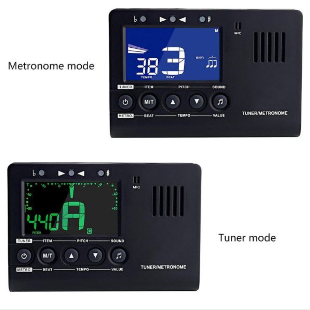 Zwei Tuner/Metronome: Metronom-Modus mit 38 Tempo und Tuner-Modus mit 440A.
