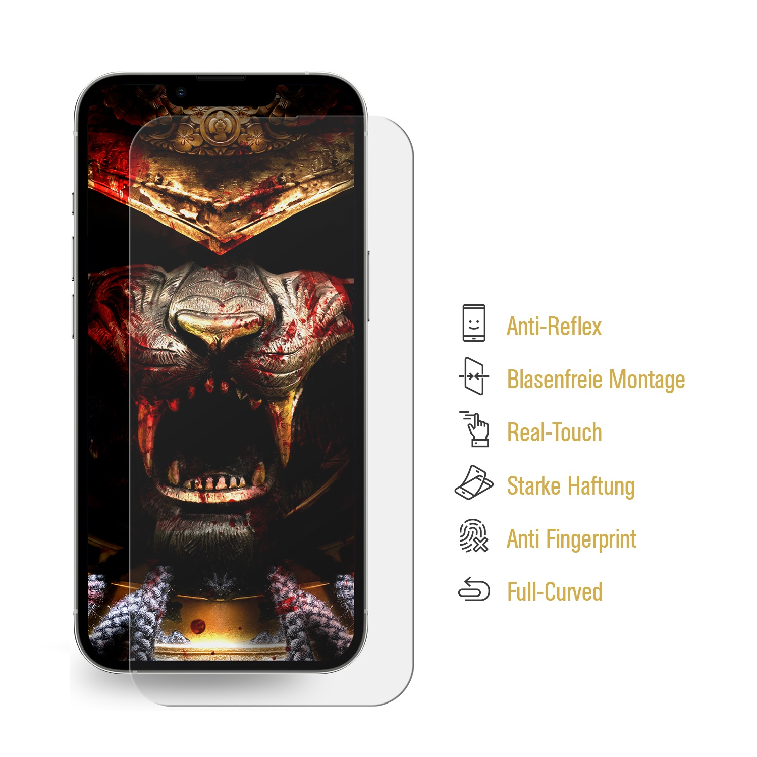 Ein Telefon mit Displayschutzfolie, das ein Löwenbild und Symbole an der Seite zeigt. Weißer Hintergrund.