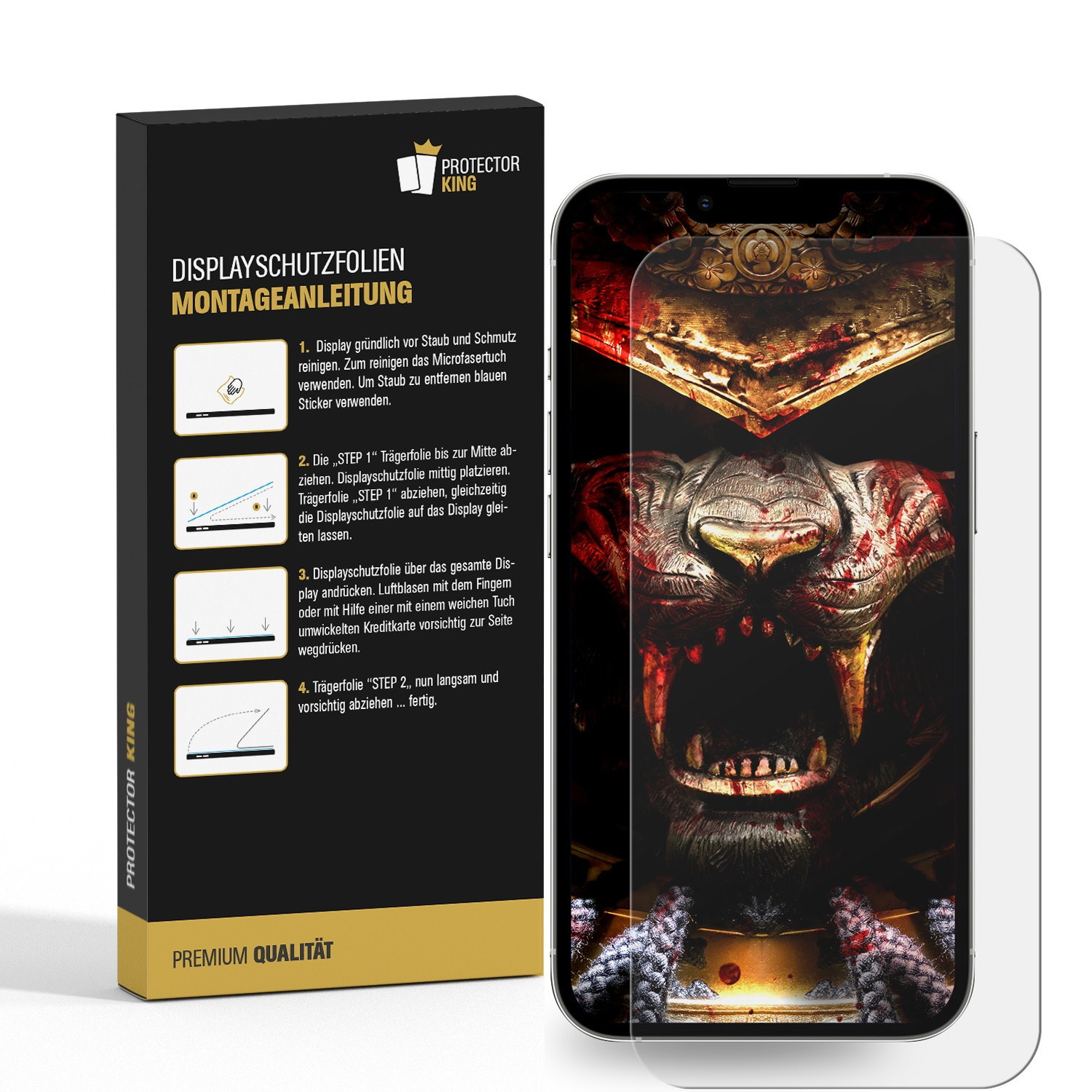 Eine Handy-Displayschutzfolienbox und ein Telefon mit Bild.