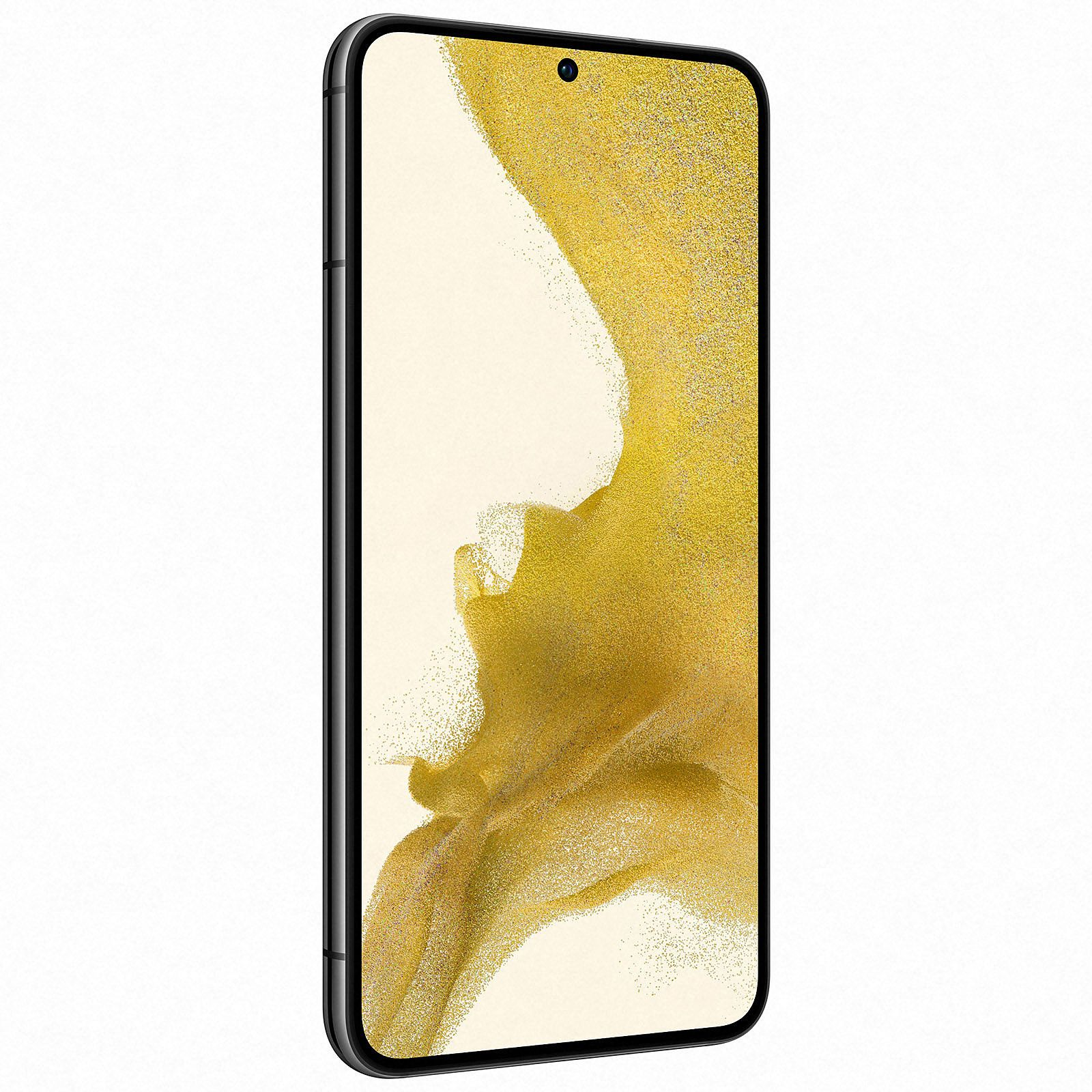 Czarny smartfon ze złotym ekranem, czarną ramką. Ekran wyświetla abstrakcyjny żółto-złoty wzór.