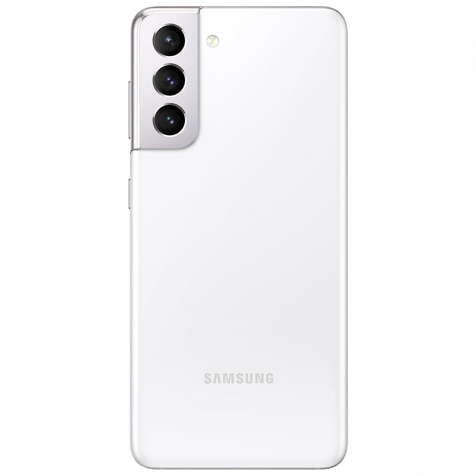 Vue arrière d'un téléphone Samsung Galaxy blanc avec trois caméras verticales et le logo de la marque.